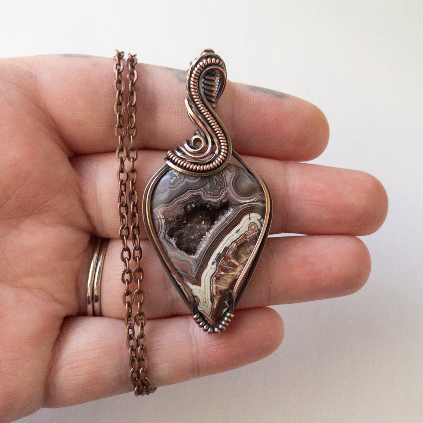 Mexican Lace Agate With Druzy Copper Wrapped Pendant