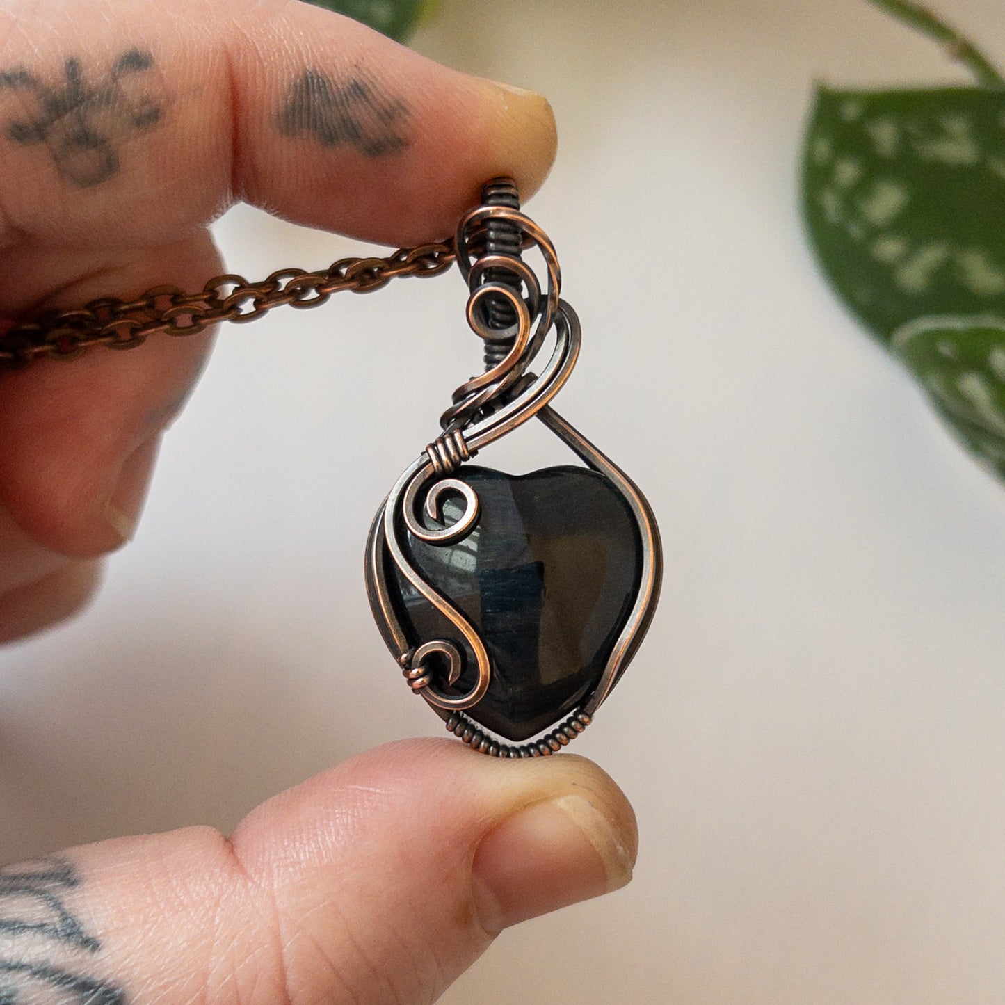 Blue Tiger’s Eye Heart & Copper Wrapped Pendant