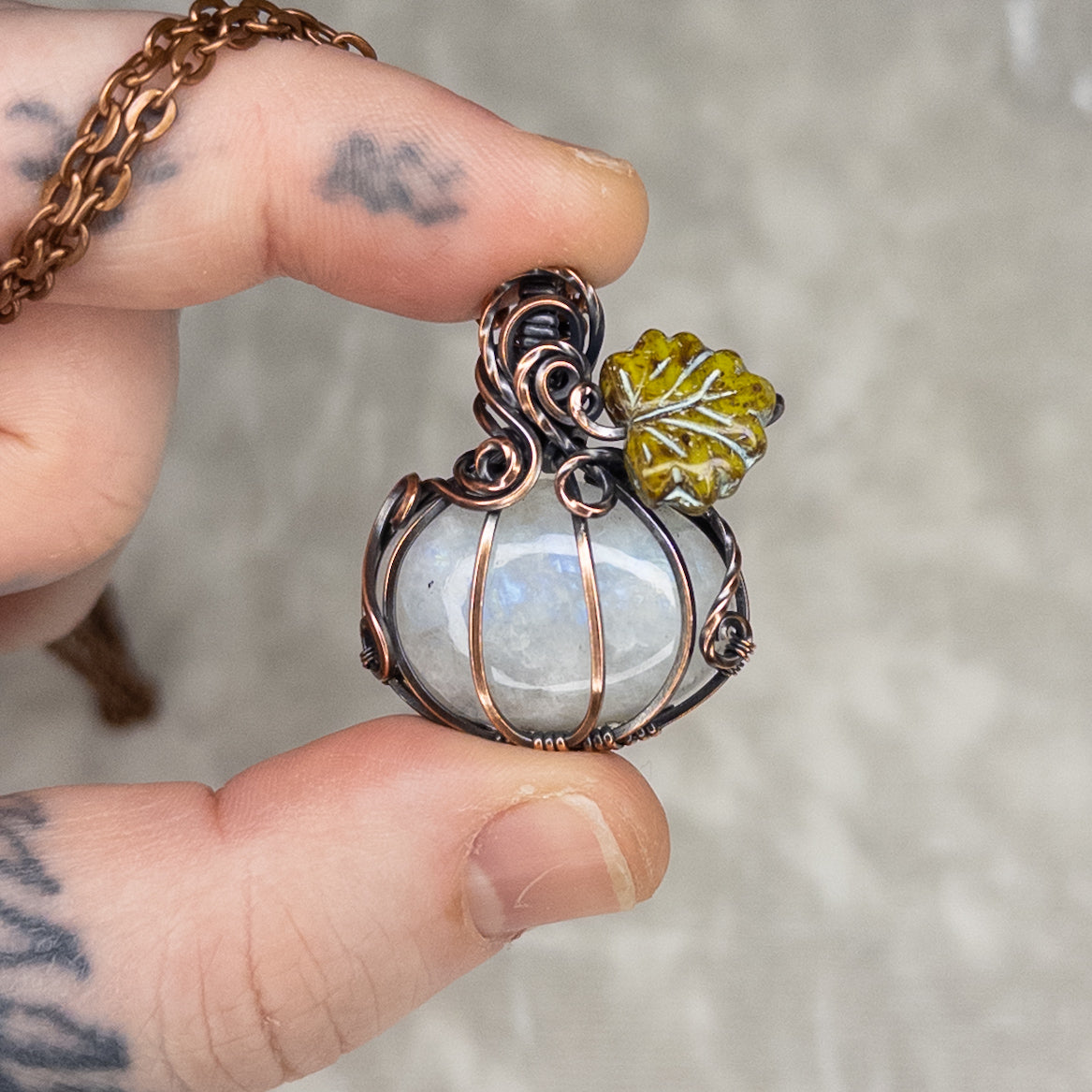 White Moonstone Antiqued Copper Pumpkin Pendant With Czech Glass Leaf