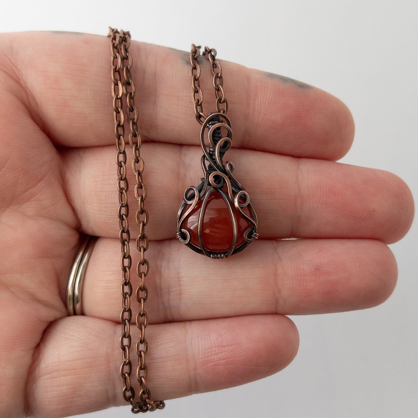 Dainty Carnelian Pumpkin Antiqued Copper Pendant