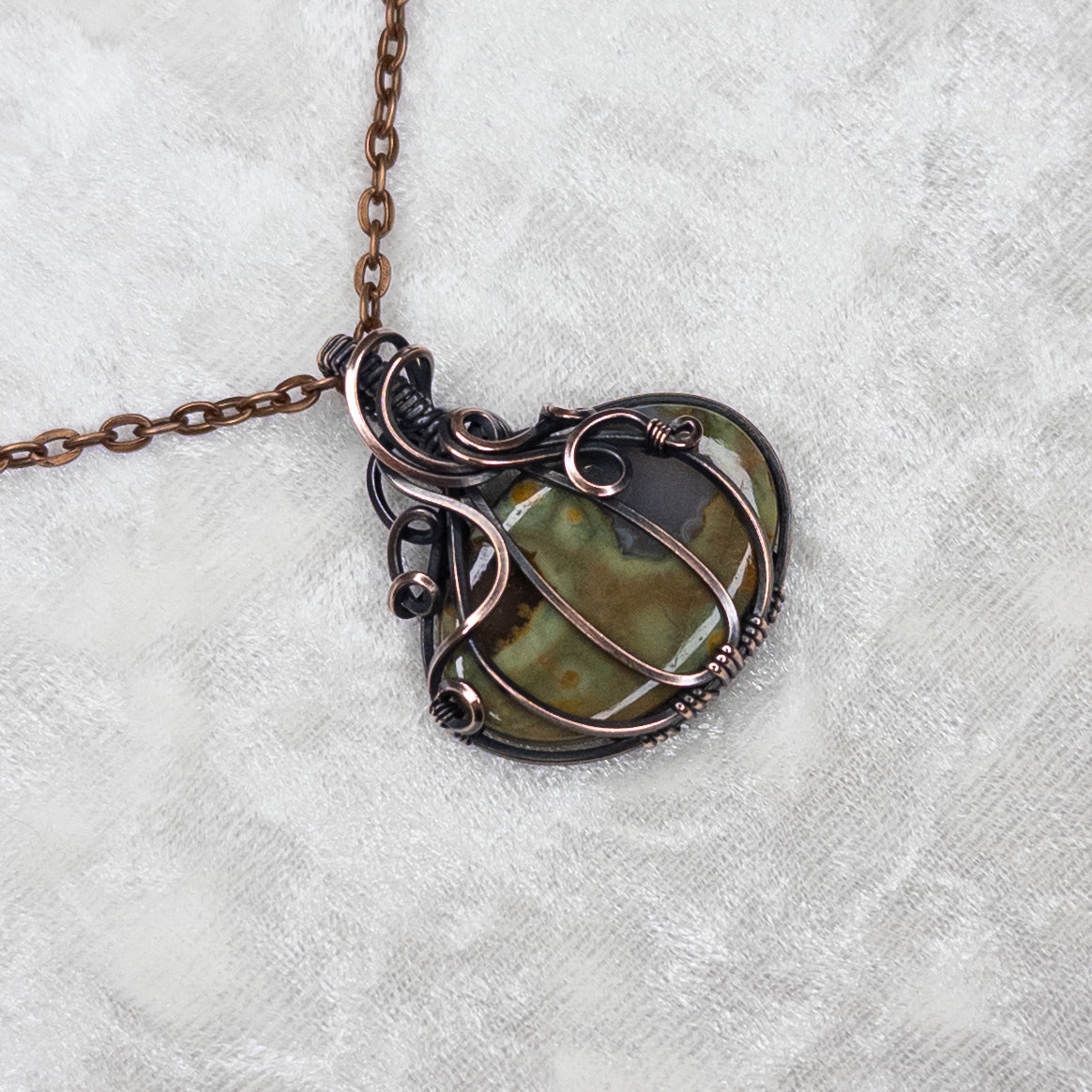 Rainforest Jasper Antiqued Copper Pumpkin Pendant