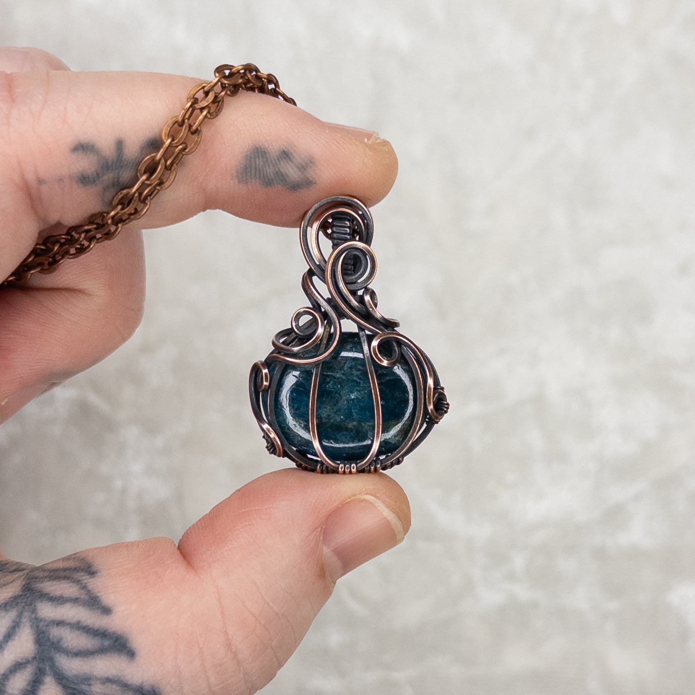 Teal Blue Apatite Antiqued Copper Pumpkin Pendant