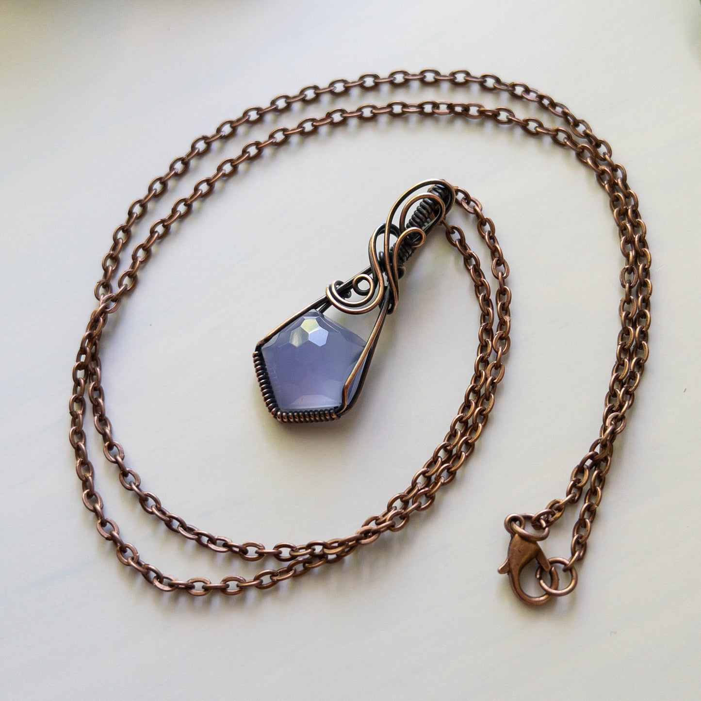 Faceted Lavender Chalcedony & Antiqued Copper Pendant