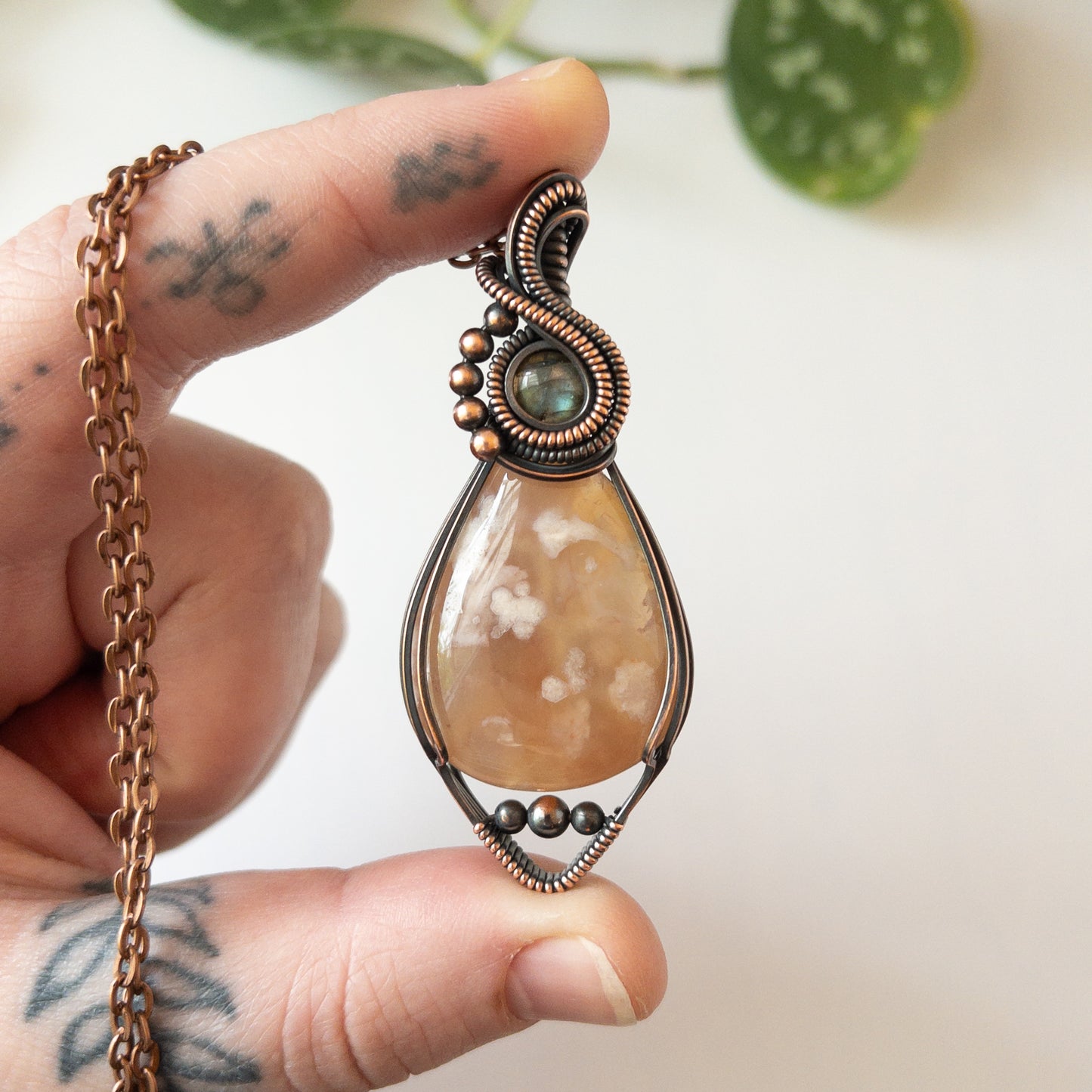 Flower Agate With Labradorite Accent & Copper Wrapped Pendant