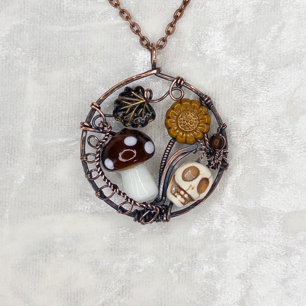 “Autumn Rest” Antiqued Copper Pendant With Czech Glass Botanical Beads, Lampwork Mushroom Bead, Stone Skull Bead, And Tiny Glass & Wire Spider
