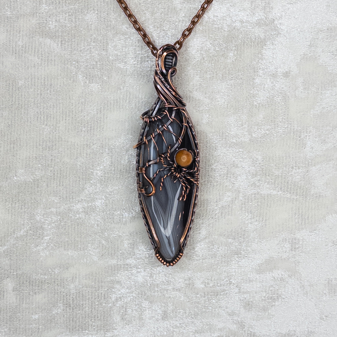 Botswana Agate Spider Web Antiqued Copper Pendant With Orange Aventurine Spider