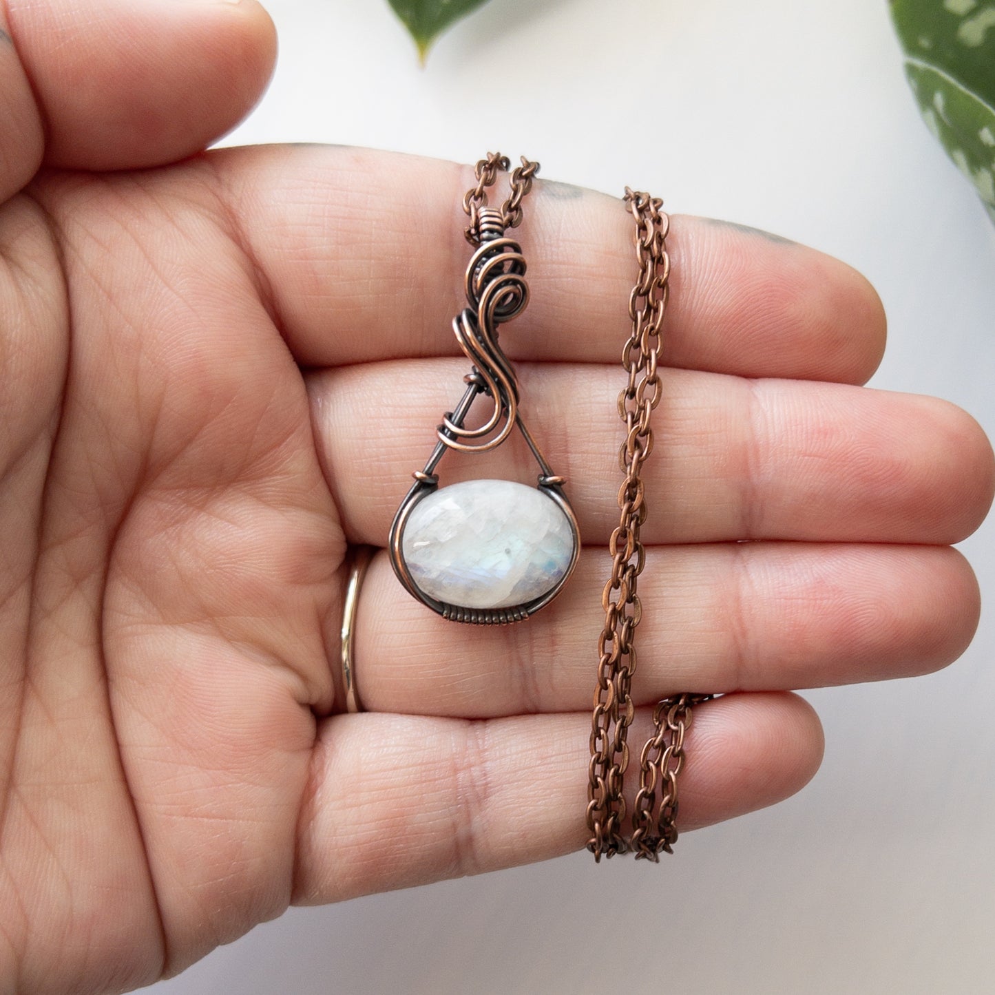 Rainbow Moonstone & Copper Wrapped Pendant
