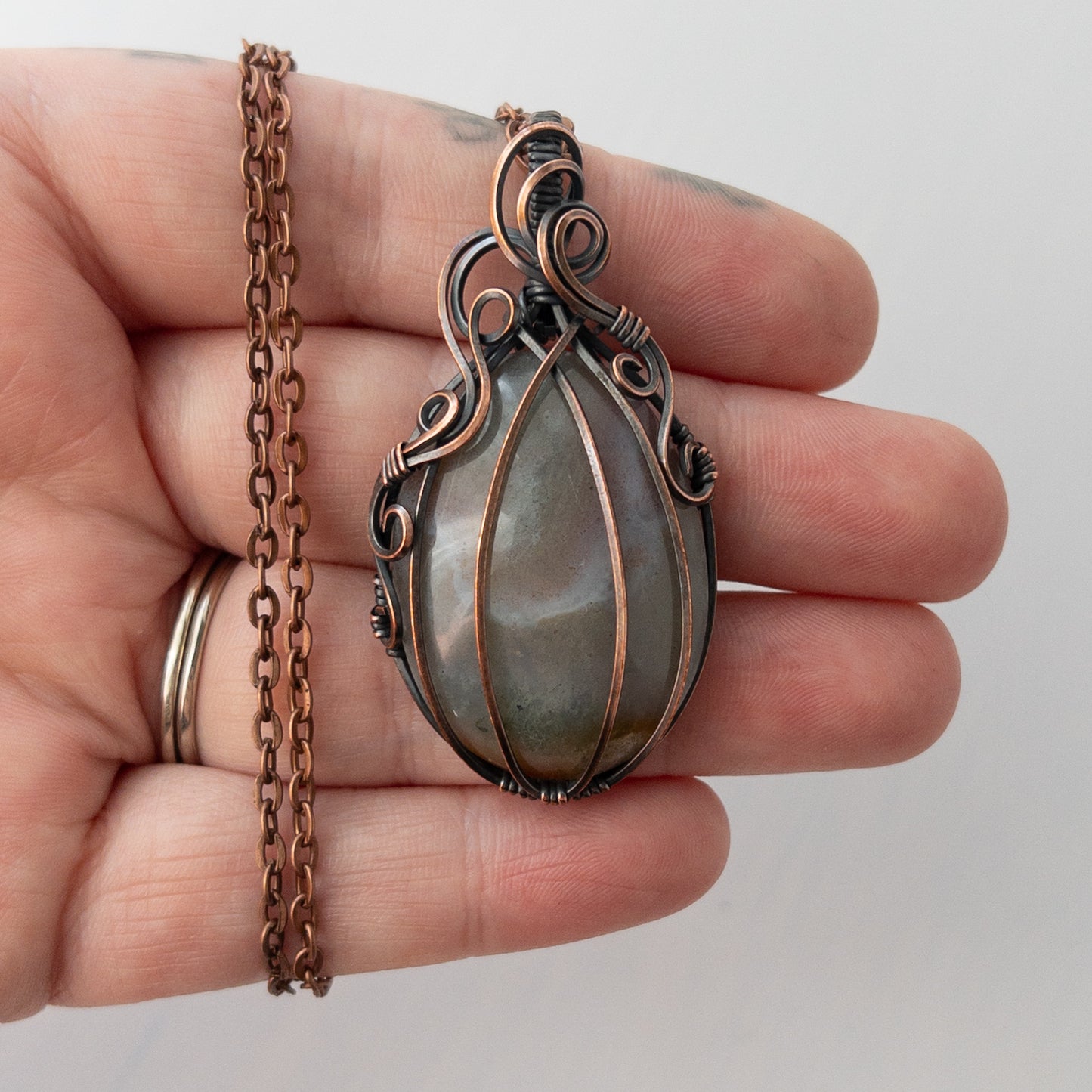 Grey India Agate Pumpkin Antiqued Copper Wrapped Pendant