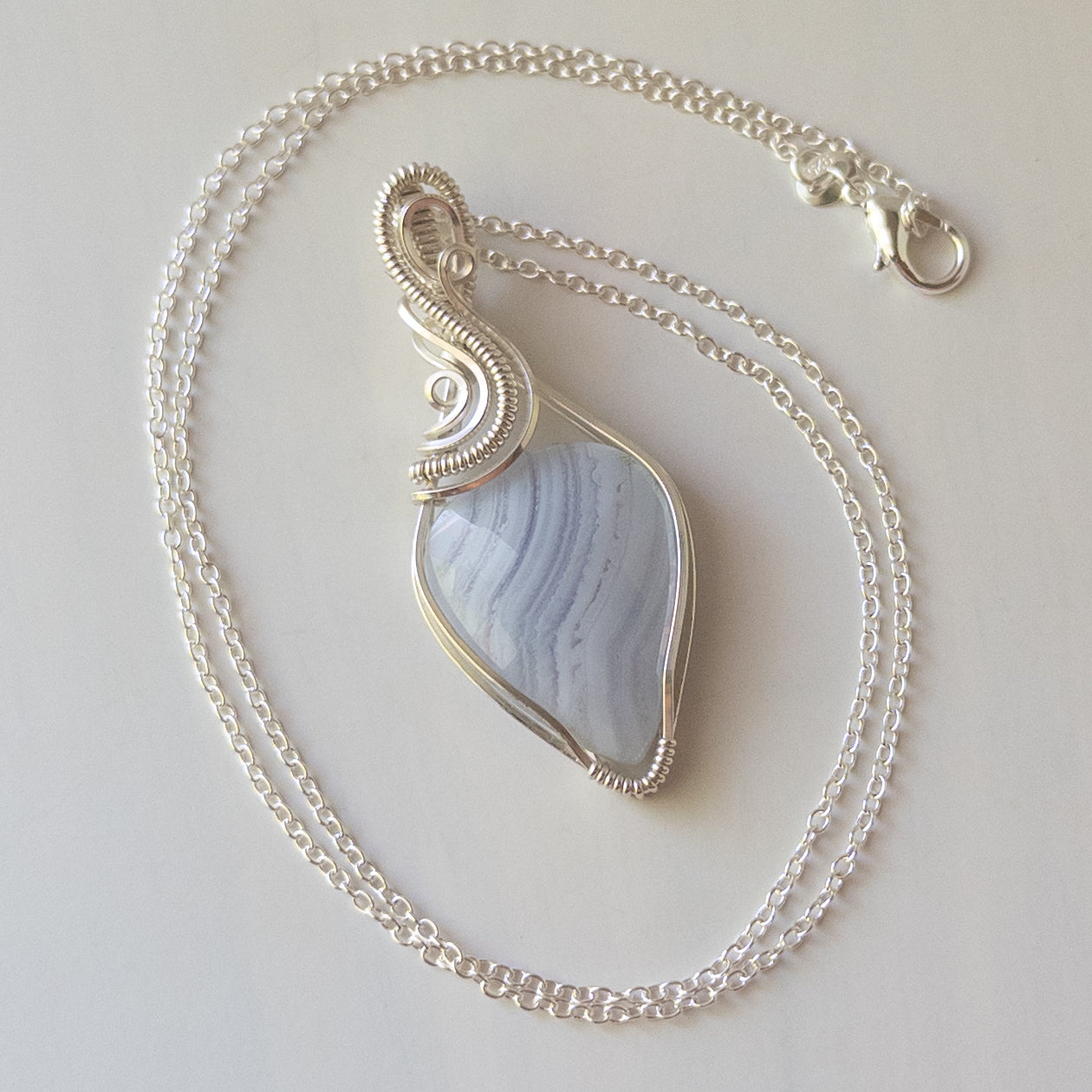 Rose Cut Blue Lace Agate Sterling Silver Wrapped Pendant