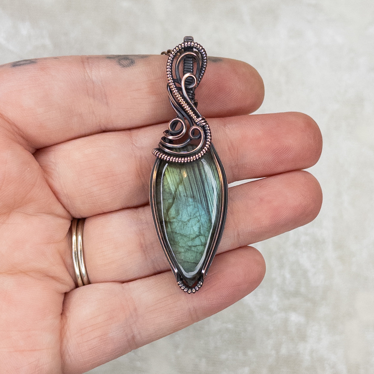 “Pond Reflection” Labradorite Antiqued Copper Wrapped Pendant
