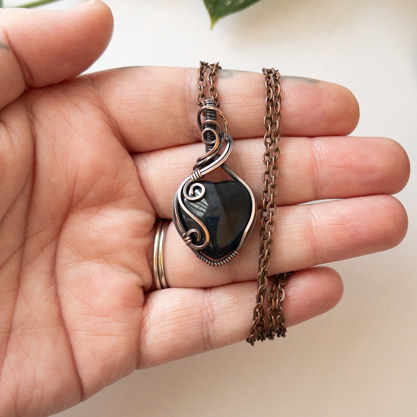 Blue Tiger’s Eye Heart & Copper Wrapped Pendant