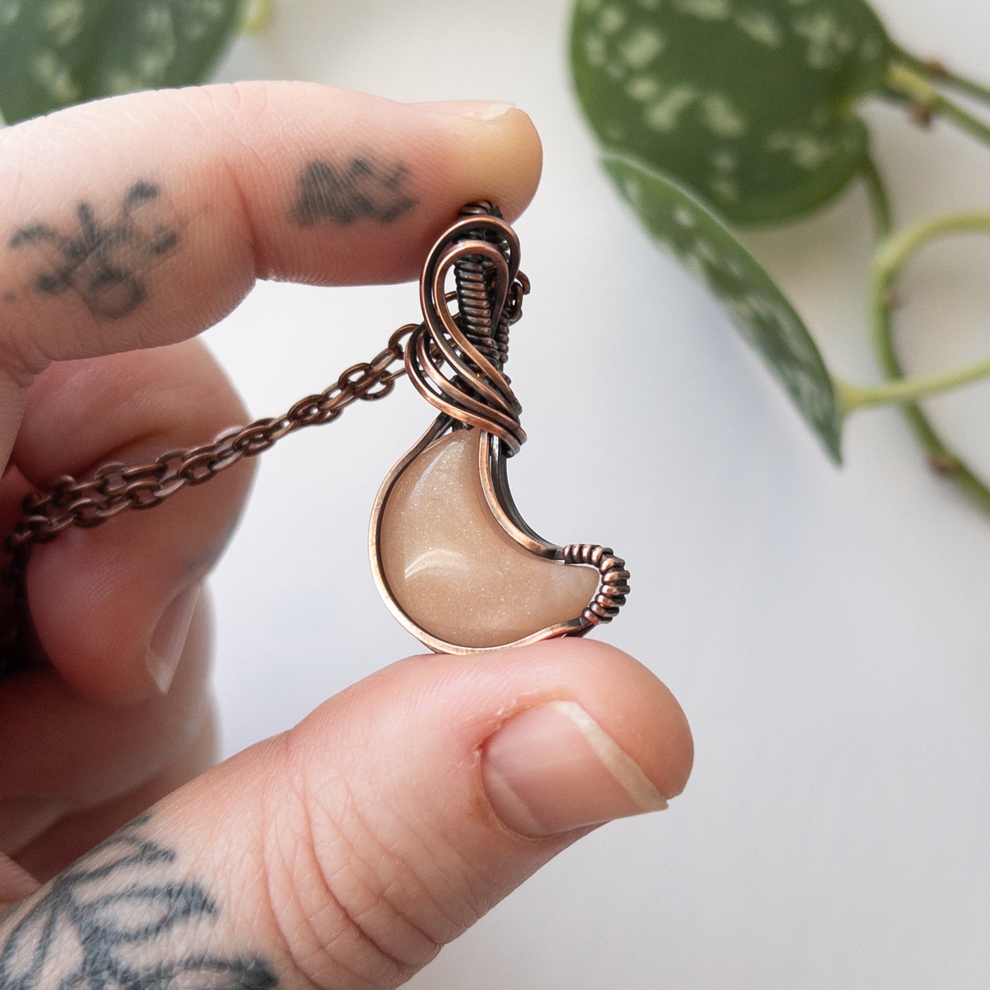 Peach Moonstone Moon & Copper Wrapped Pendant