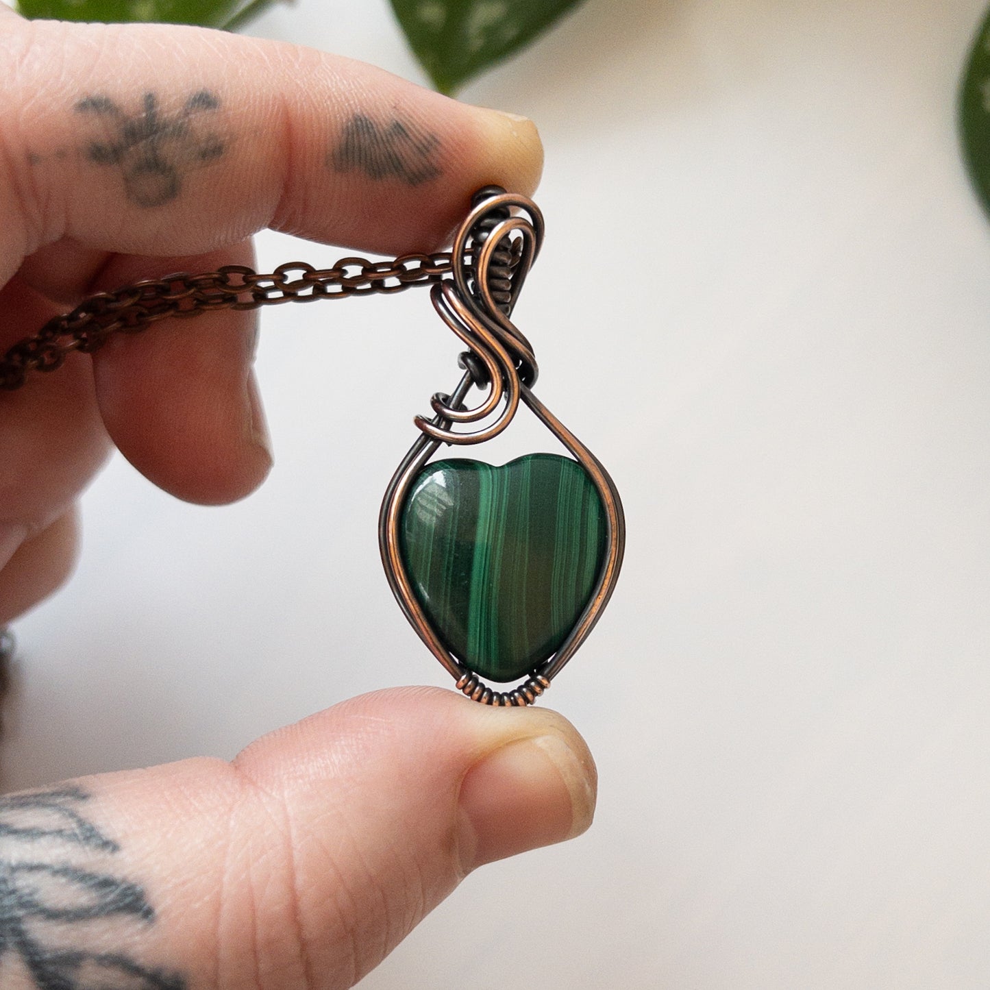 Malachite Heart & Copper Wrapped Pendant