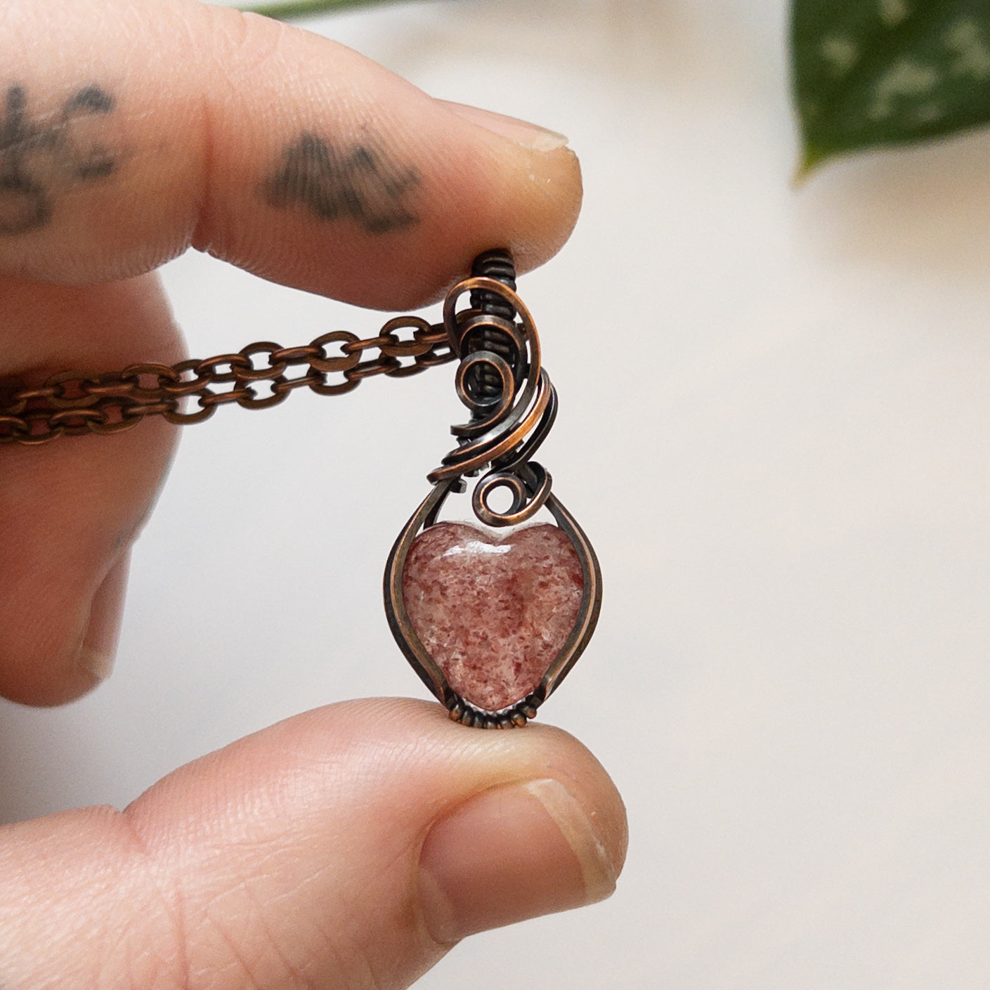 Mini Strawberry Quartz Heart & Copper Wrapped Pendant - A