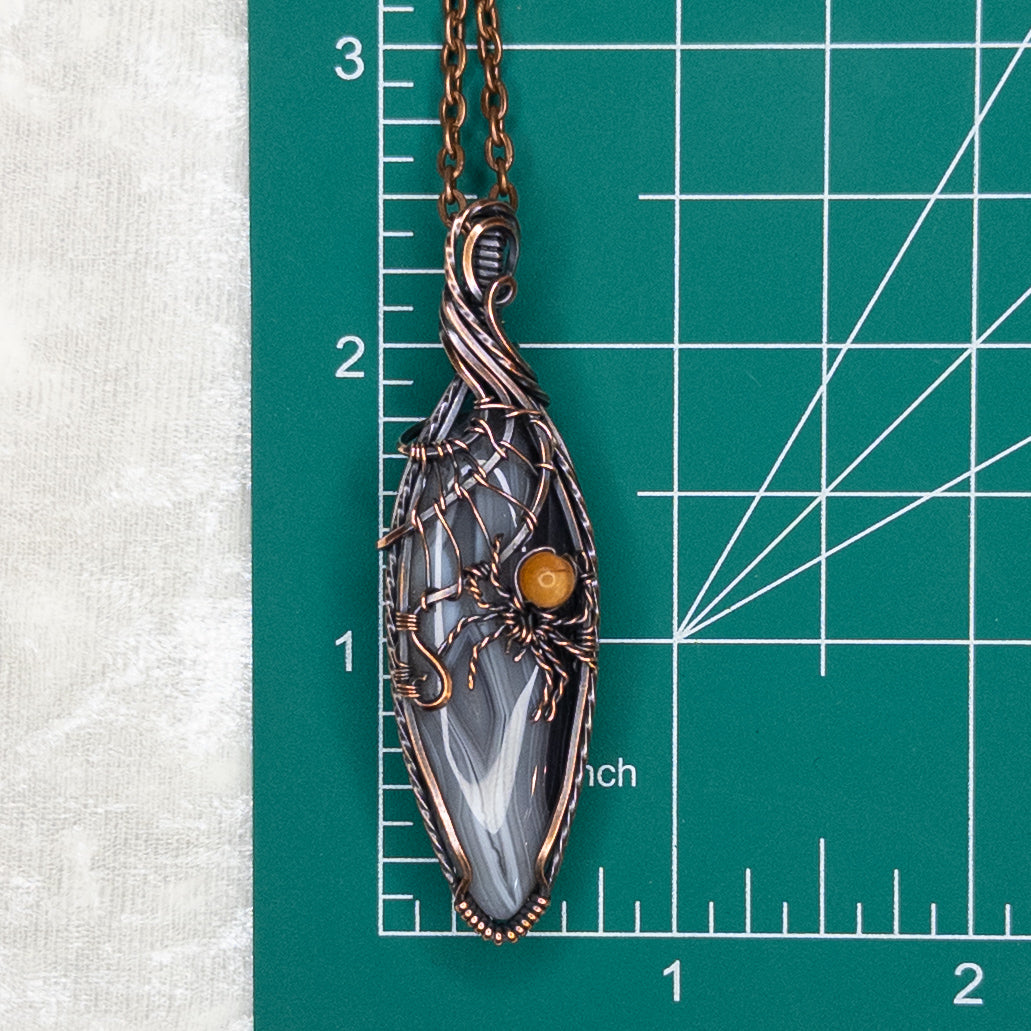Botswana Agate Spider Web Antiqued Copper Pendant With Orange Aventurine Spider