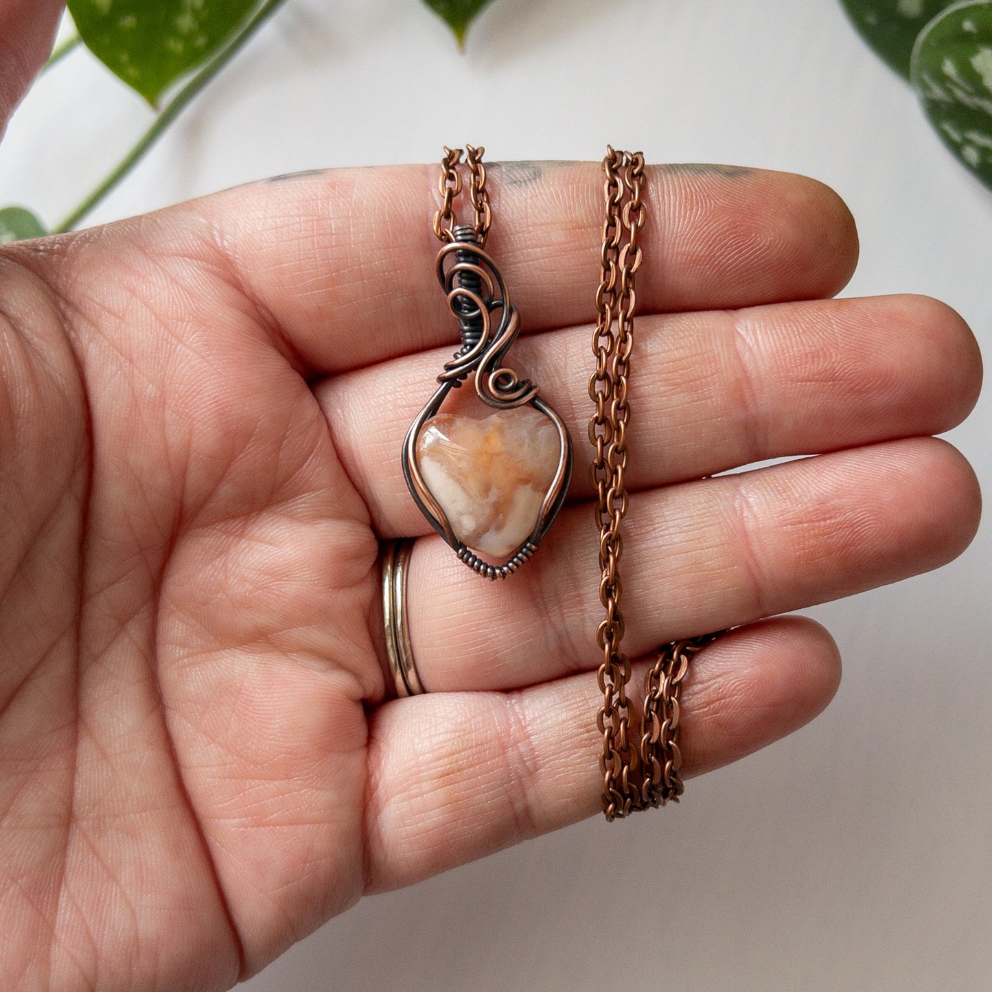 Flower Agate Heart & Copper Wrapped Pendant - C