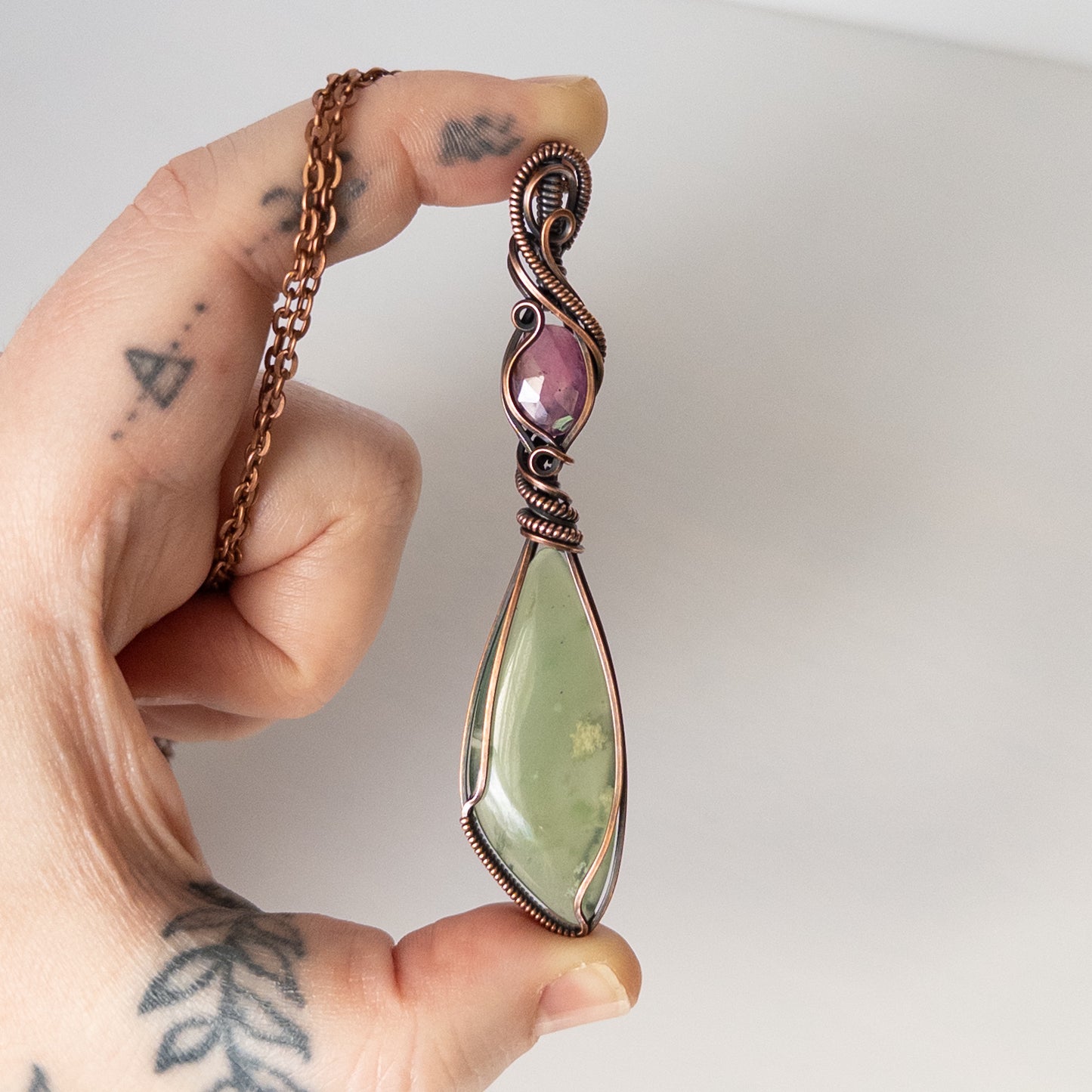 Tulip Inspired Prehnite & Pink Sapphire Antiqued Copper Wrapped Pendant