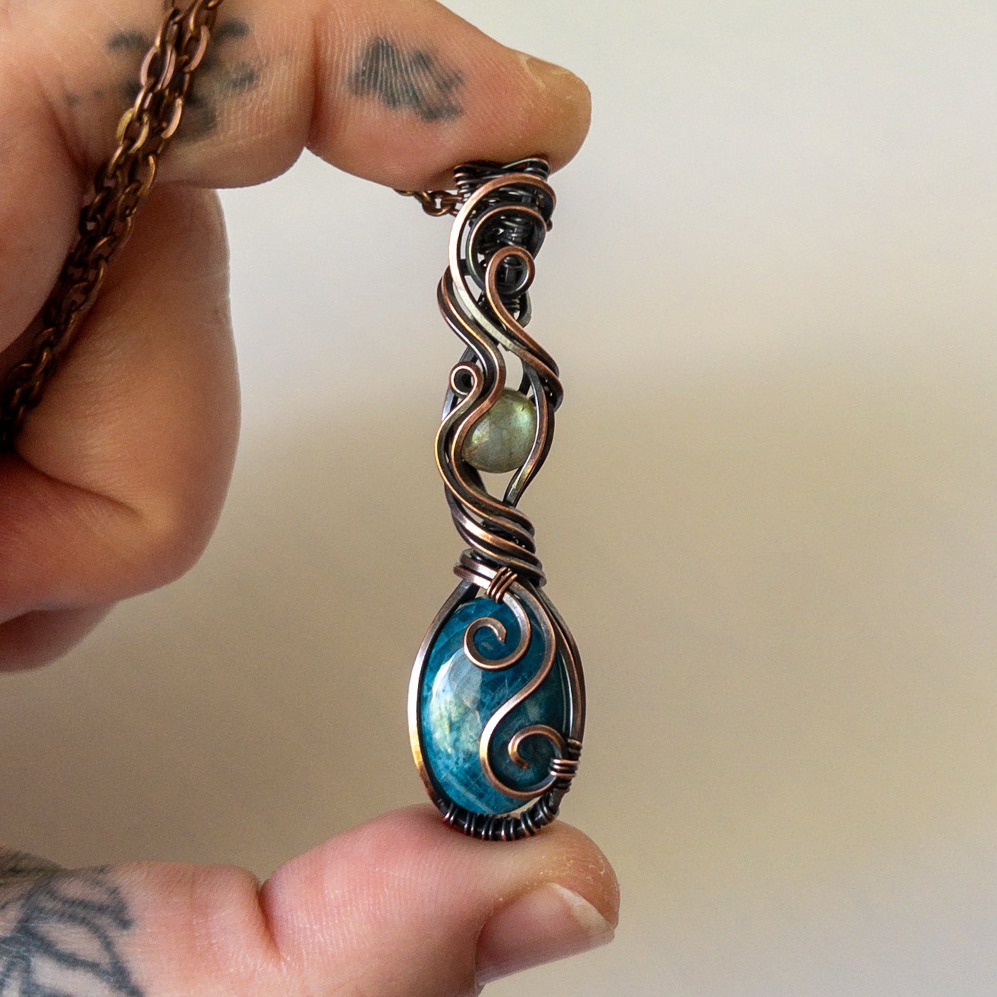 Blue Apatite & Labradorite Copper Wrapped Pendant