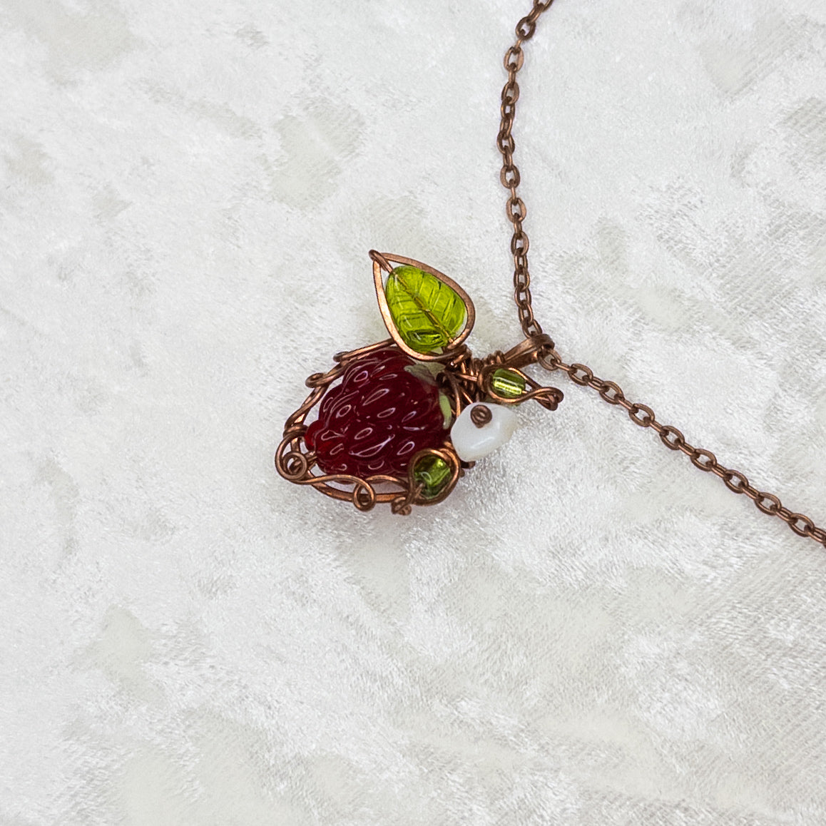 Whimsical Glass Raspberry Copper Wrapped Pendant with Shell Flower - F