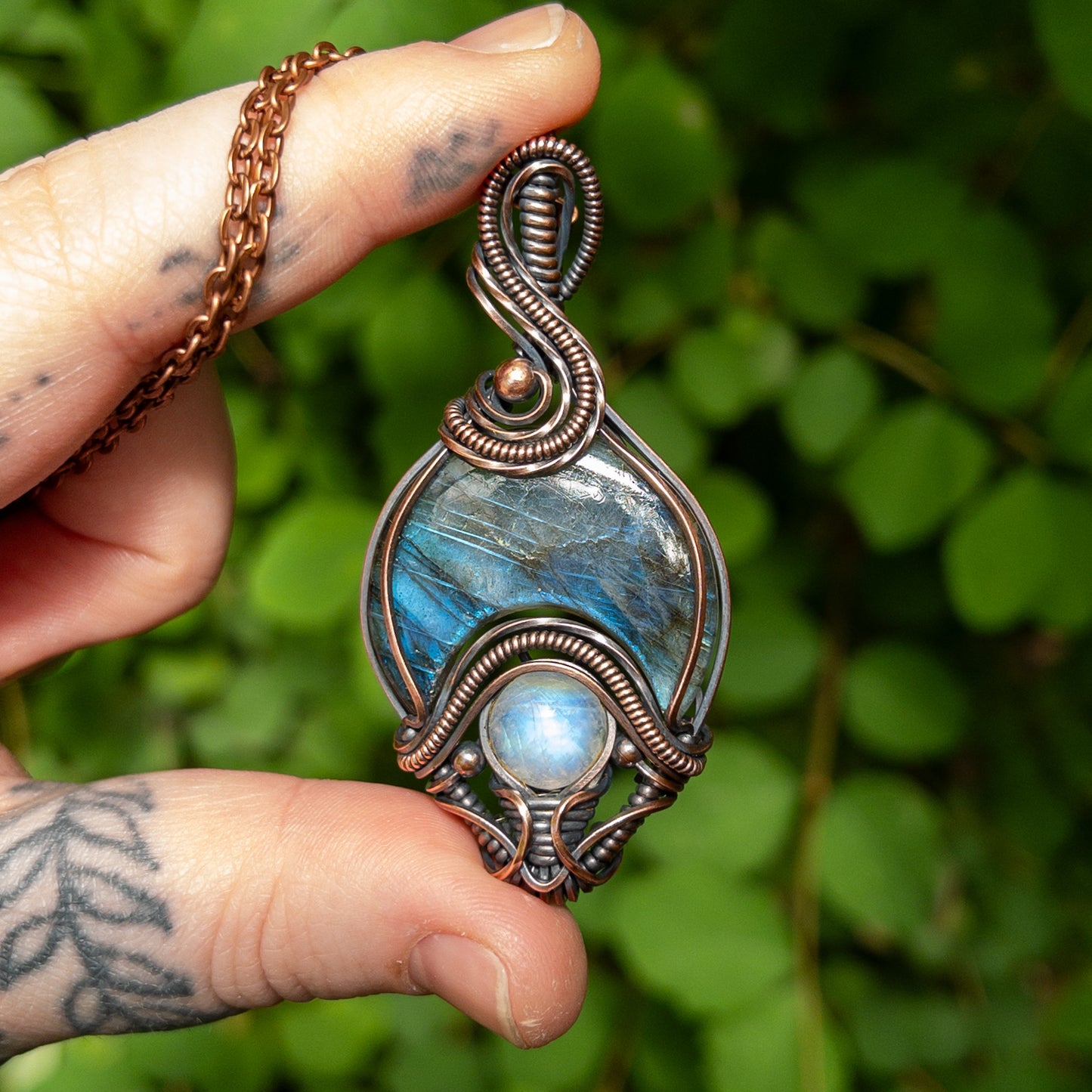 Labradorite With Moonstone Antiqued Copper Amulet Pendant