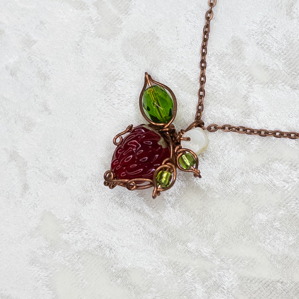 Whimsical Glass Raspberry Copper Wrapped Pendant with Shell Flower - C