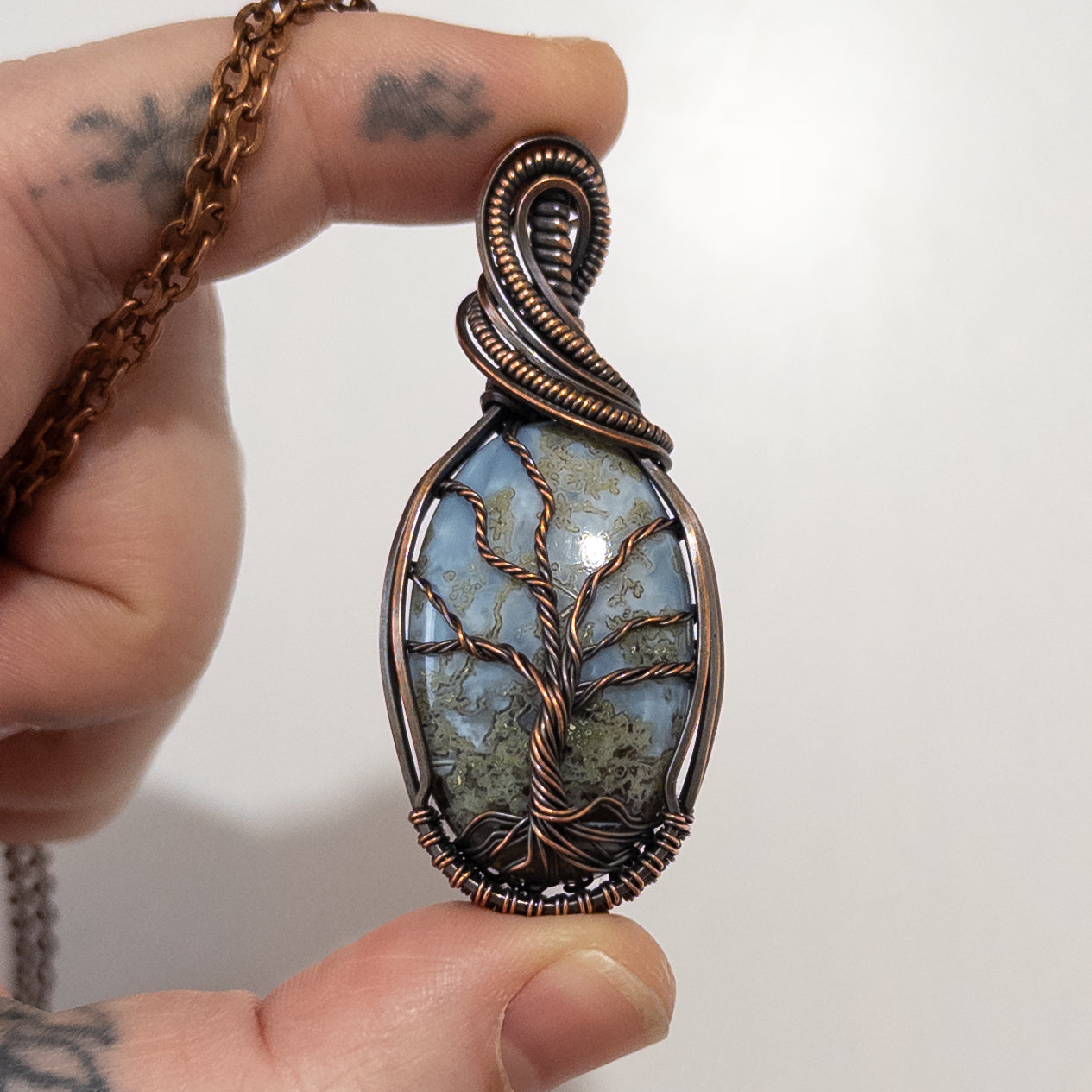 Mossy Blue Opal Woven Tree Copper Wrapped Pendant