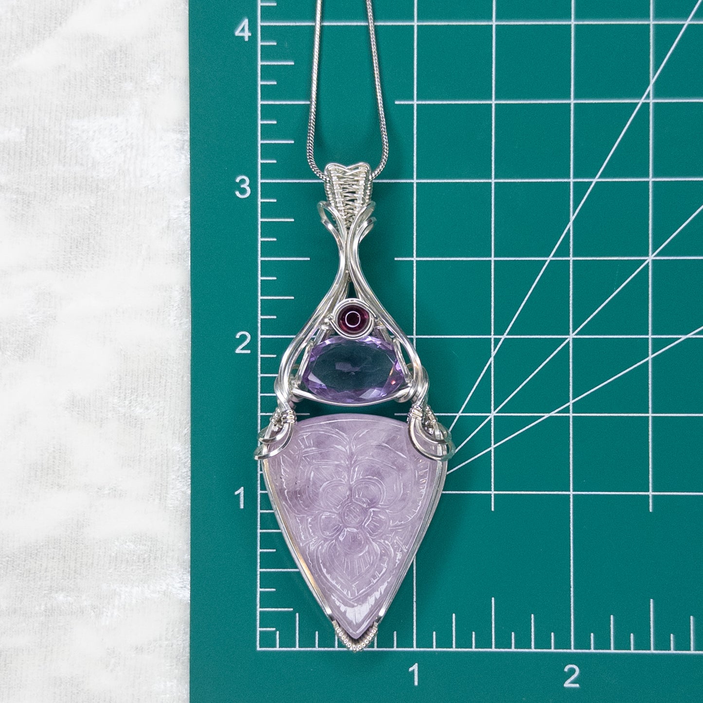 Floral Motif Carved Kunzite, Faceted Rose de France Amethyst, & Fuschia Garnet Solid Sterling Silver Wrapped Pendant
