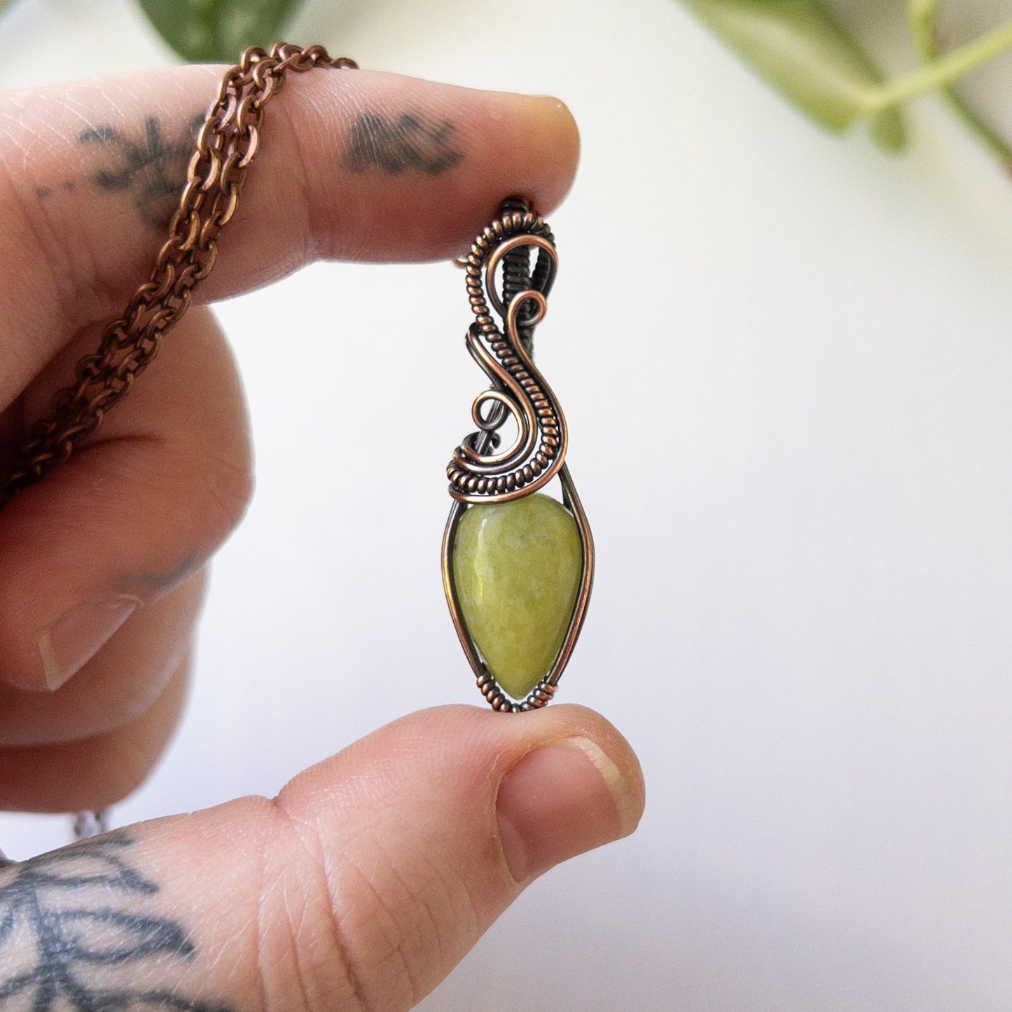 Vesuvianite & Antiqued Copper Wrapped Pendant