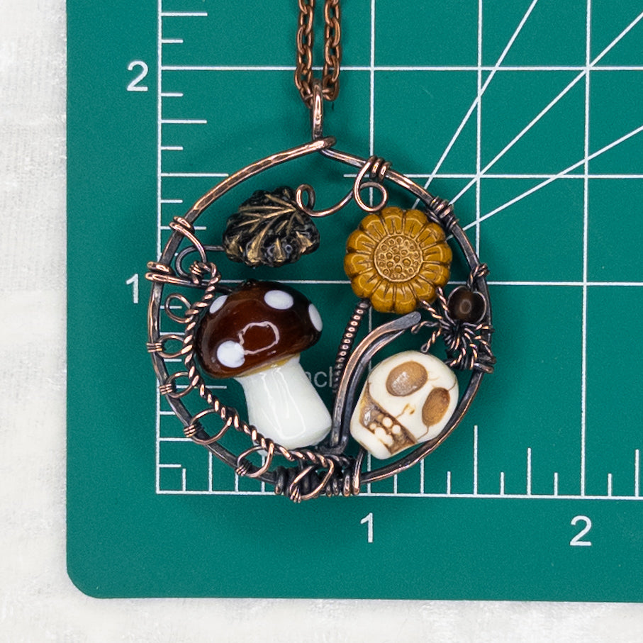 “Autumn Rest” Antiqued Copper Pendant With Czech Glass Botanical Beads, Lampwork Mushroom Bead, Stone Skull Bead, And Tiny Glass & Wire Spider