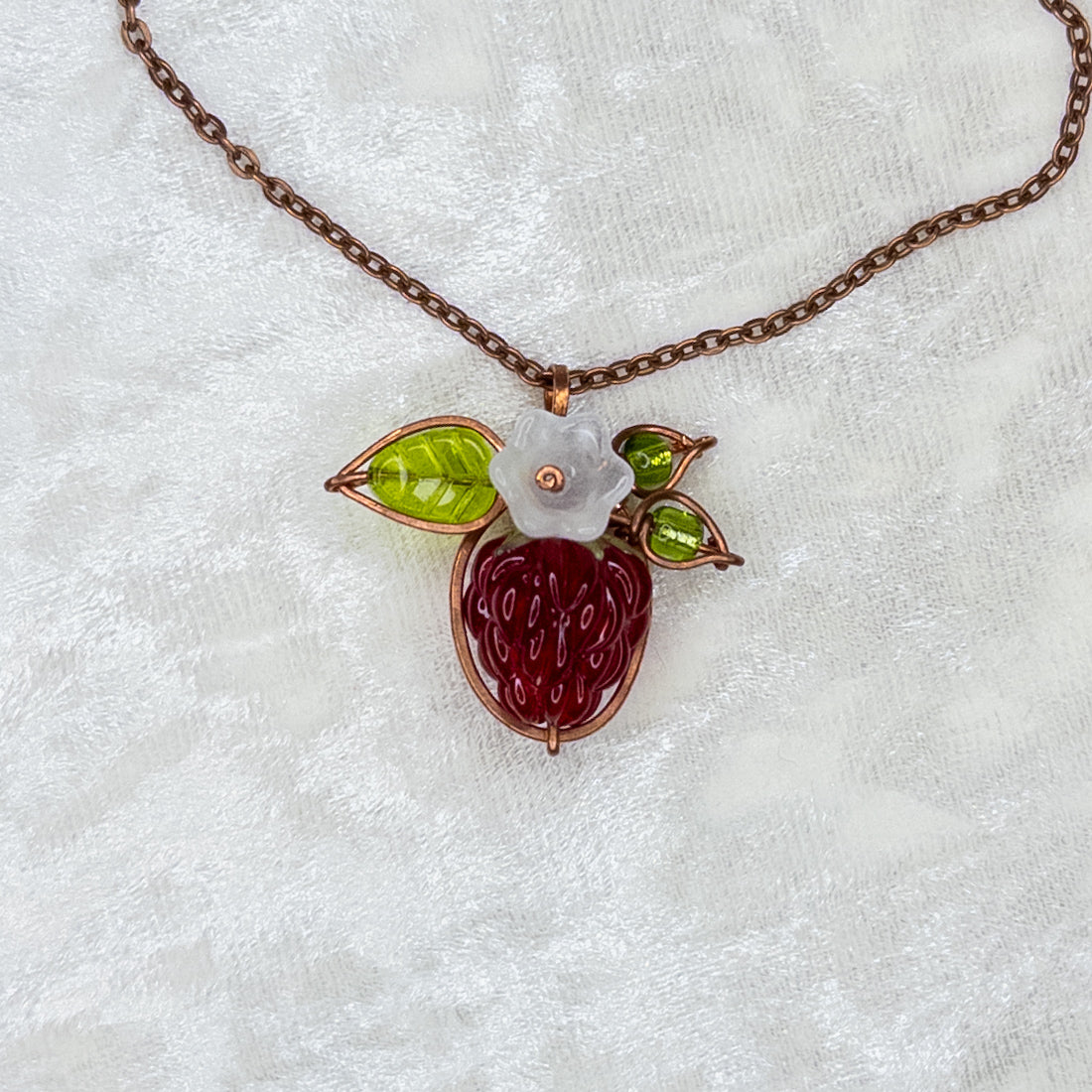 Whimsical Glass Raspberry Copper Wrapped Pendant with Glass Flower - A