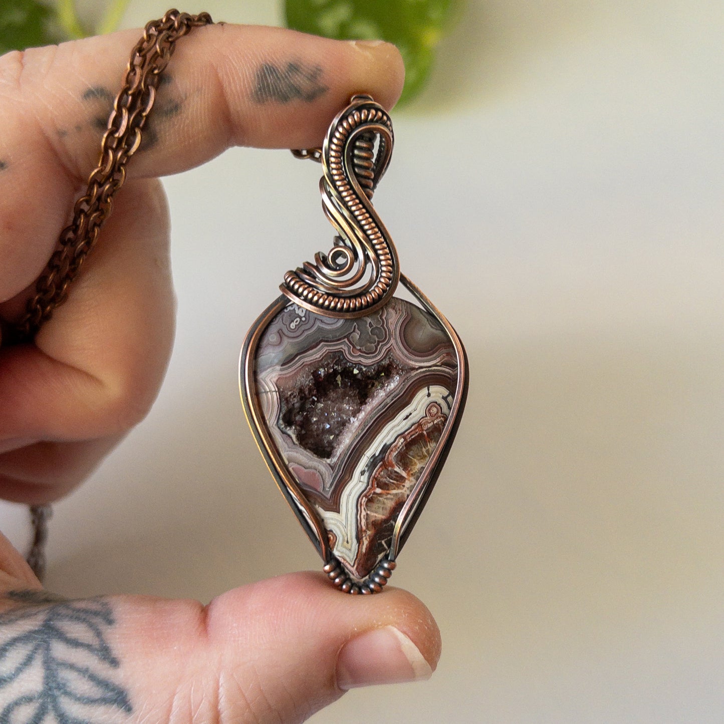 Mexican Lace Agate With Druzy Copper Wrapped Pendant