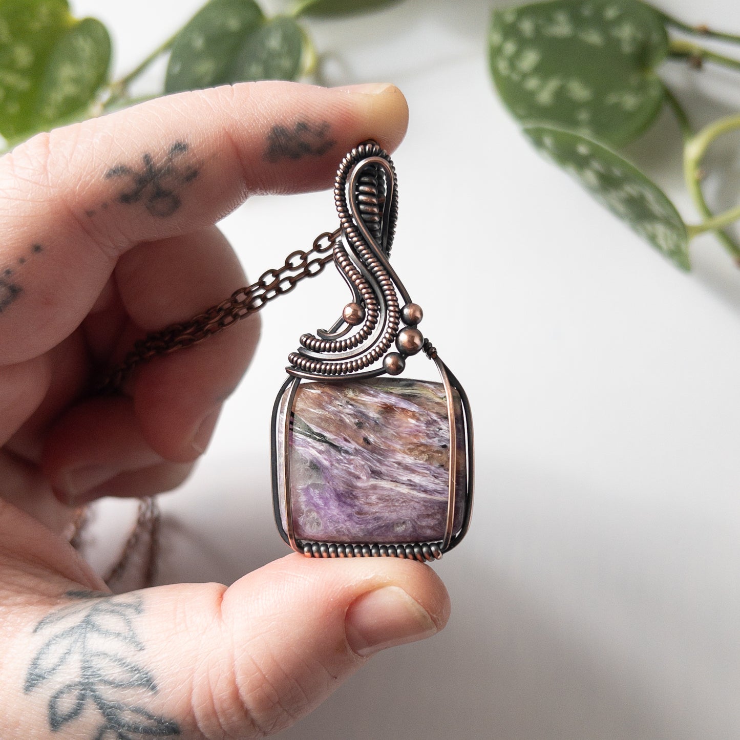 Square Charoite & Copper Wrapped Pendant