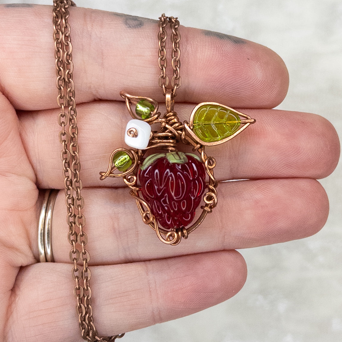 Whimsical Glass Raspberry Copper Wrapped Pendant with Shell Flower - E