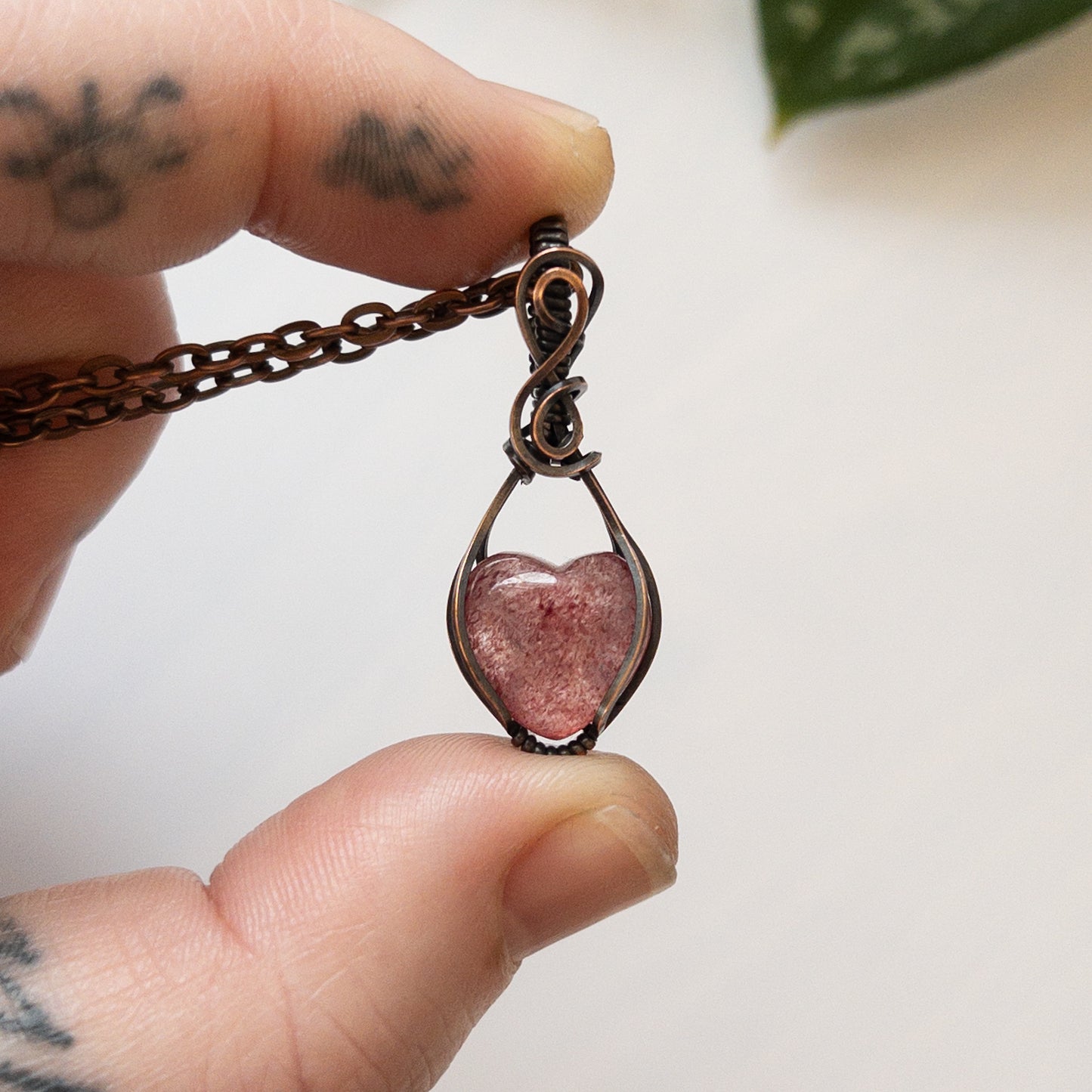 Mini Strawberry Quartz Heart & Copper Wrapped Pendant - B