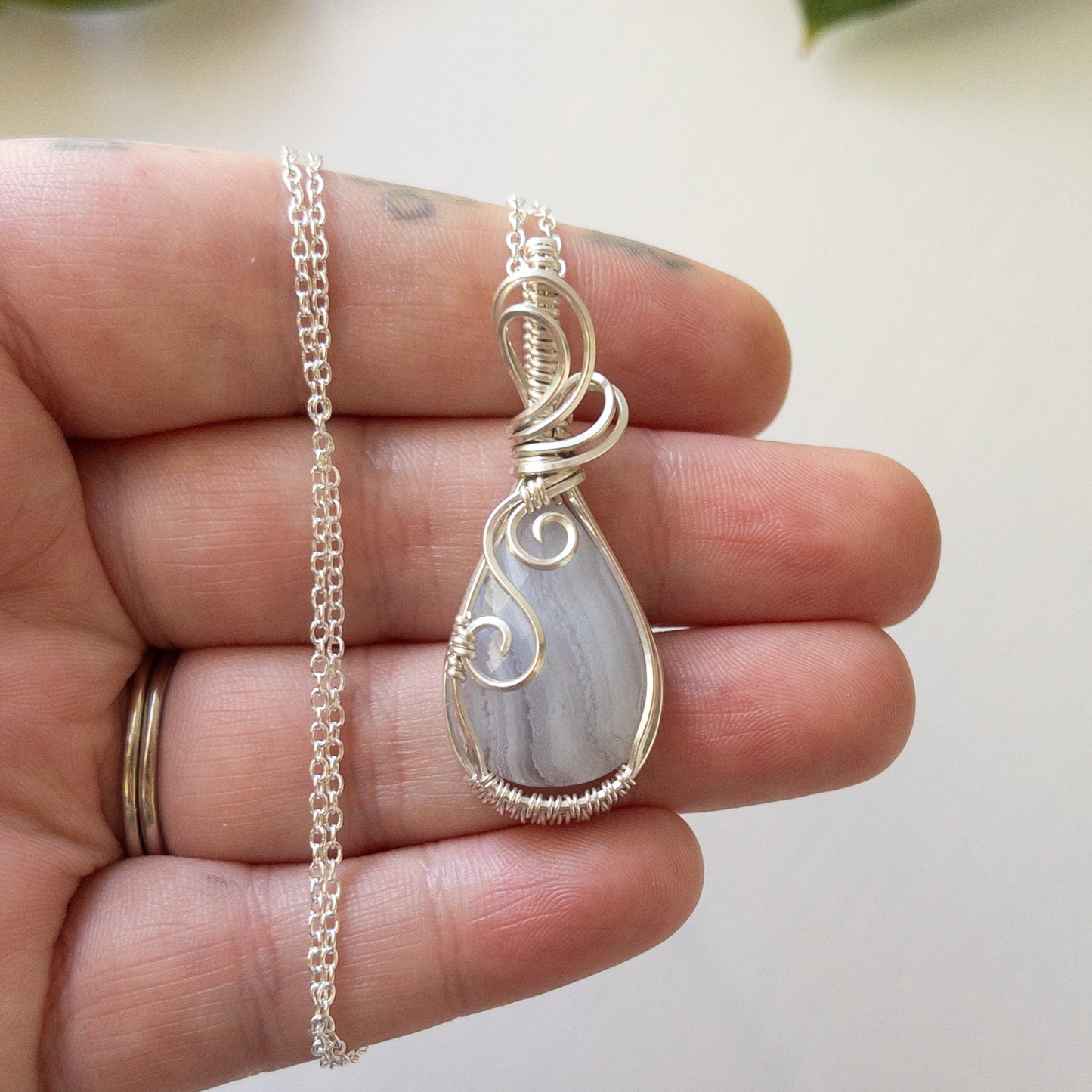 Faceted Blue Lace Agate & Sterling Silver Wrapped Pendant