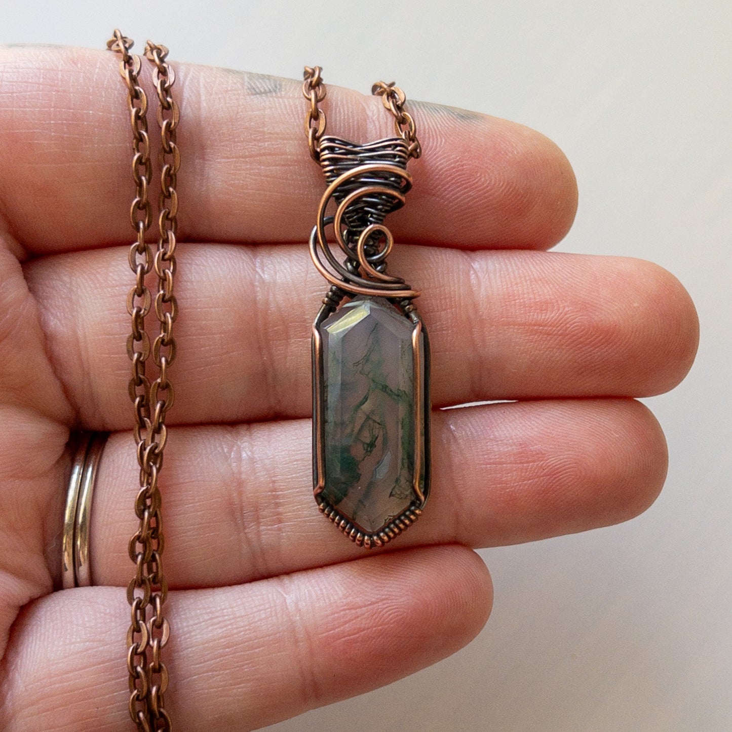 Faceted Marquise Moss Agate Copper Wrapped Pendant