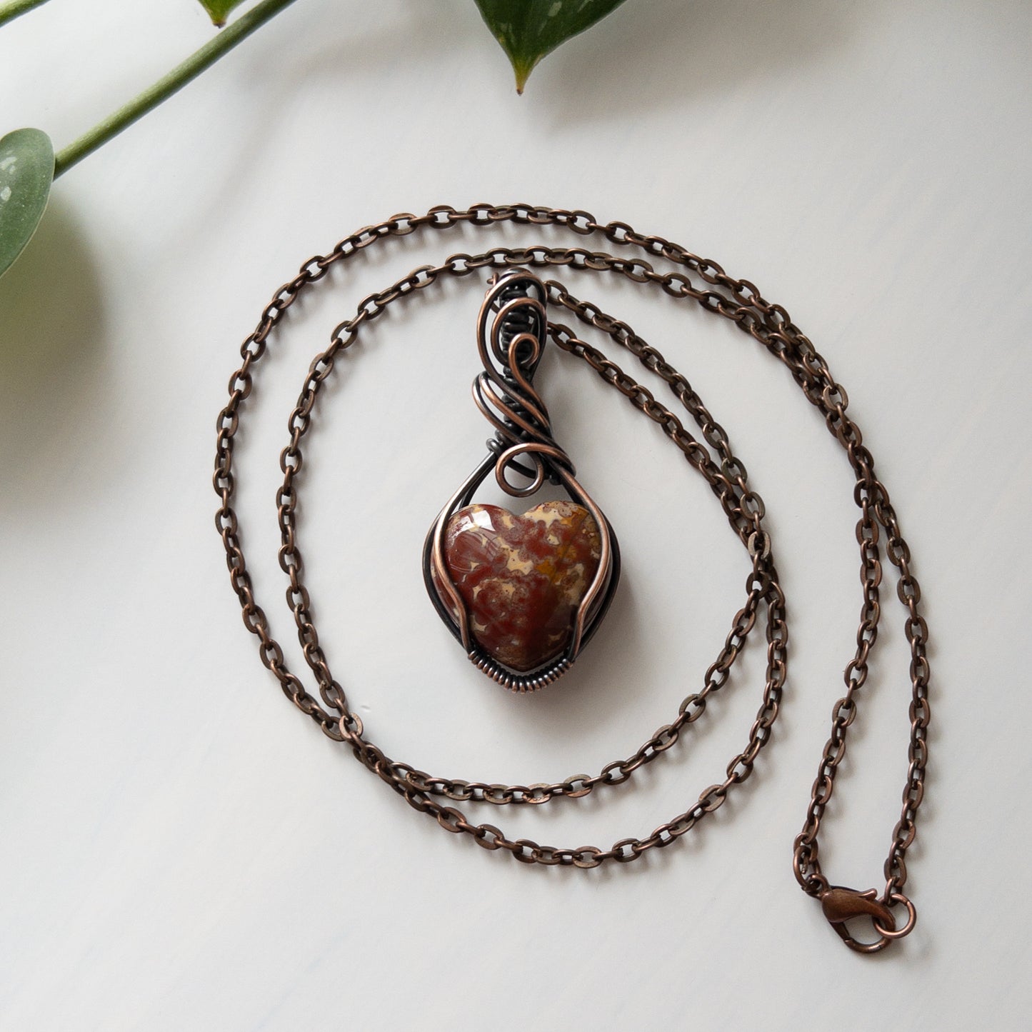 Dappled Ocean Jasper Heart Copper Wrapped Pendant