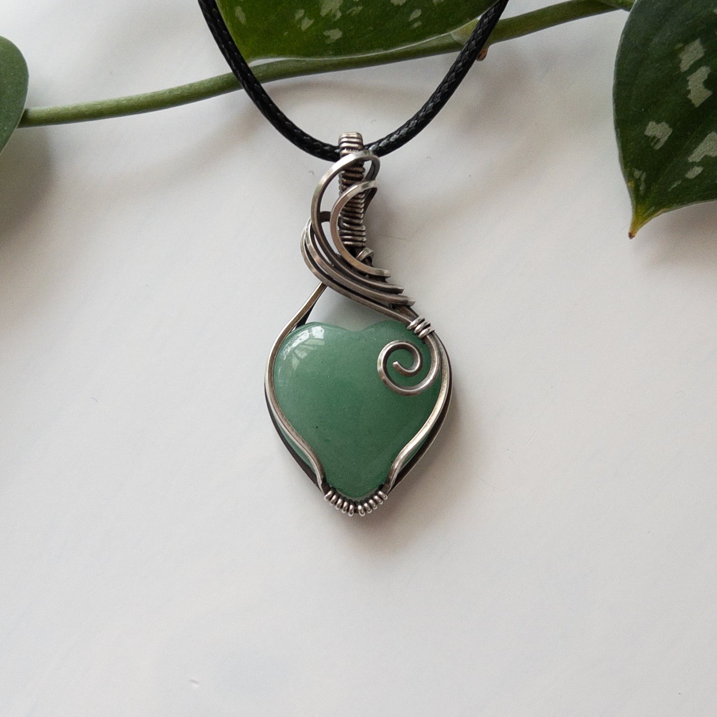 Green Aventurine Heart & Sterling Silver Wrapped Pendant