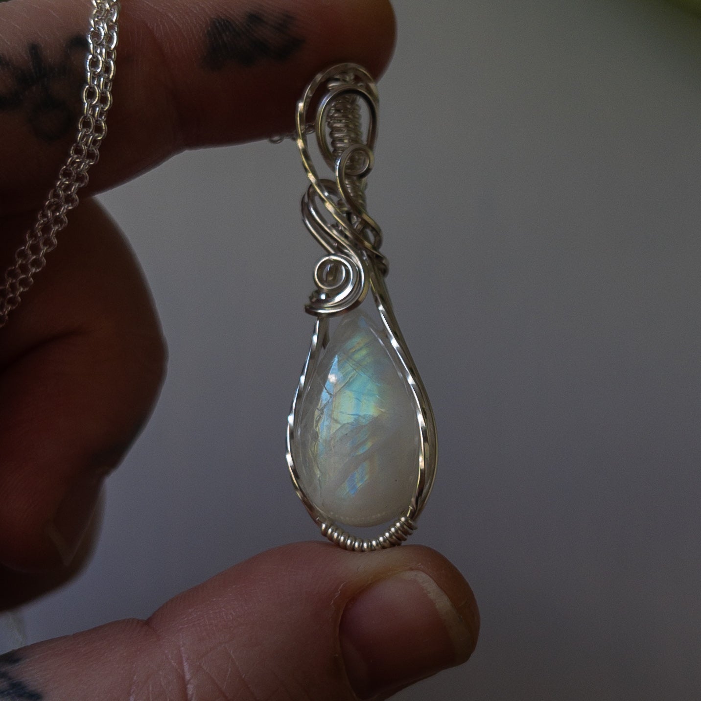 Rainbow Moonstone & Sterling Silver Wrapped Pendant