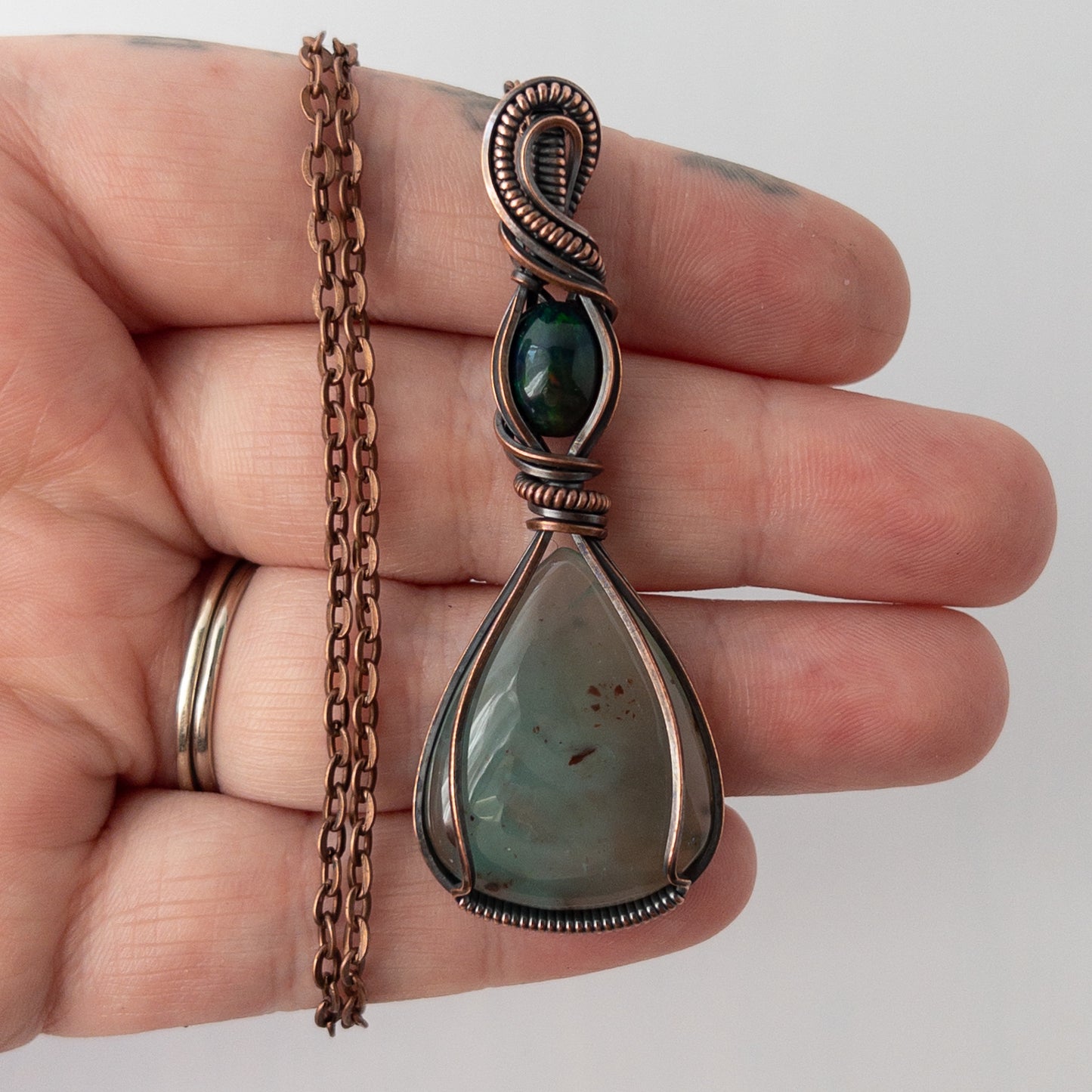 Aquaprase & Smoked Opal Antiqued Copper Wrapped Pendant