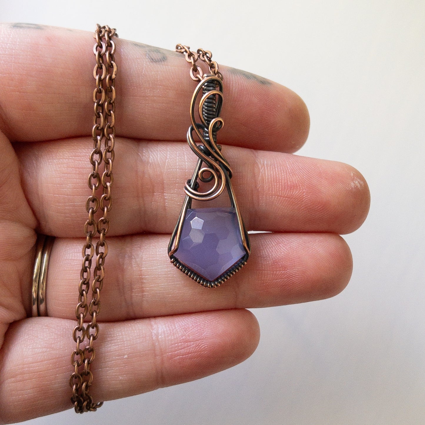 Faceted Lavender Chalcedony & Antiqued Copper Pendant