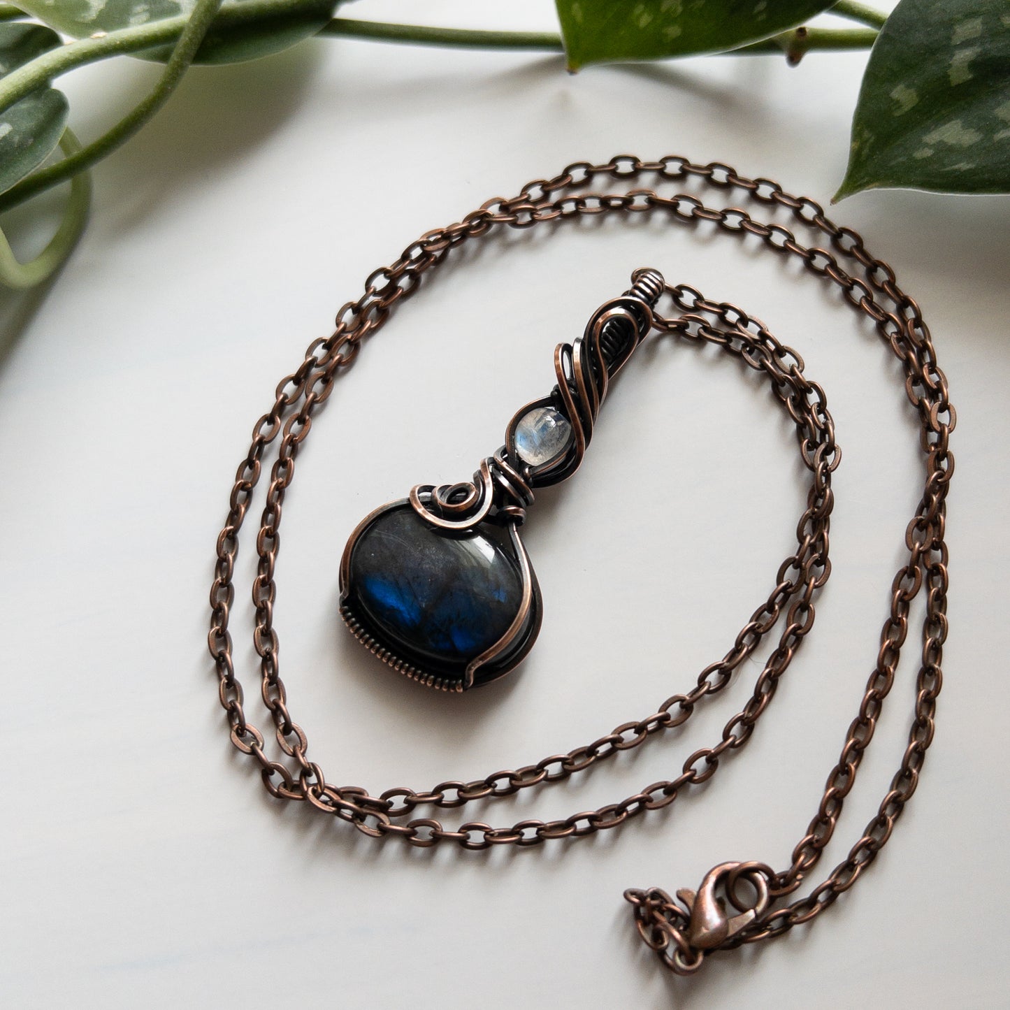 Labradorite With Moonstone & Copper Wrapped Pendant