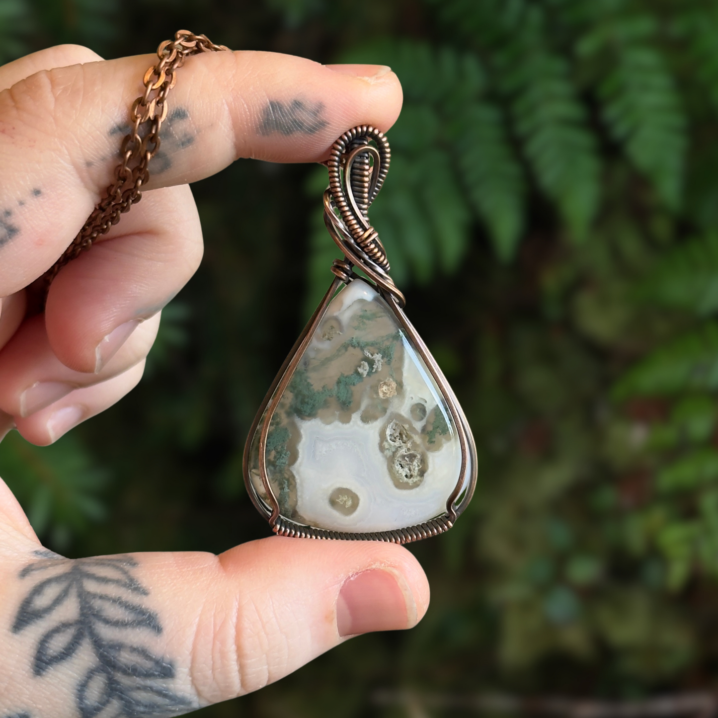 Moss & White Agate Antiqued Copper Wrapped Pendant