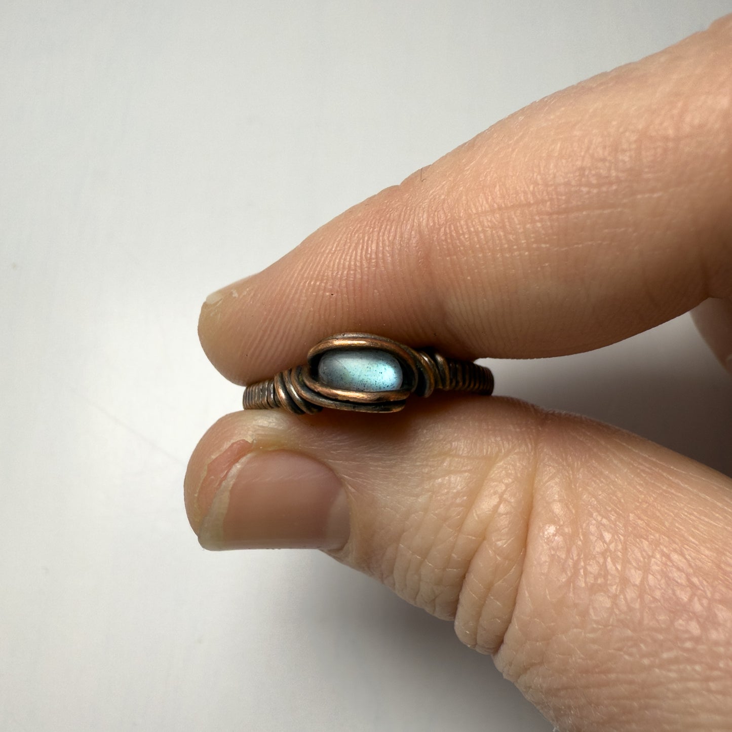 Dainty Light Blue Labradorite Wrapped Band Copper Ring 8