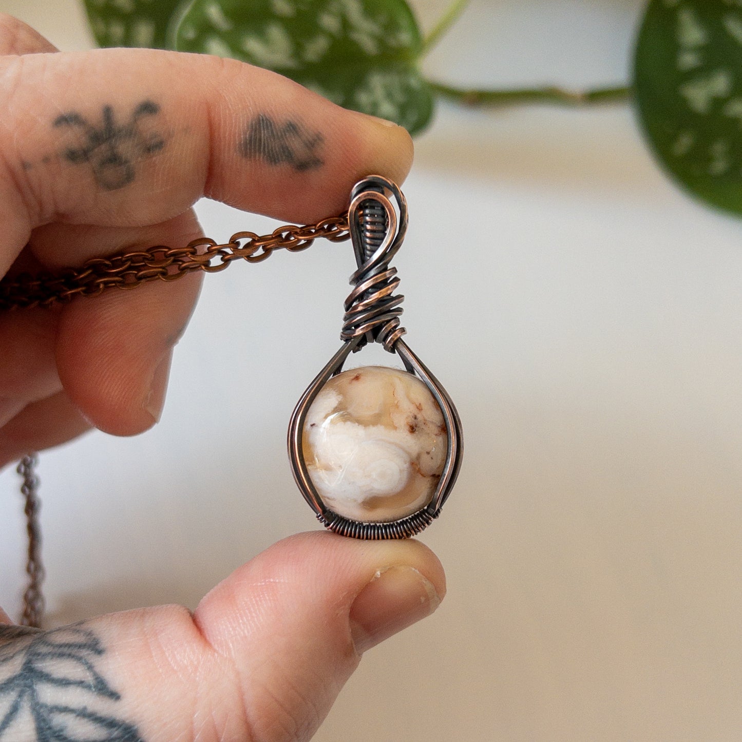 Flower Agate & Copper Wrapped Pendant