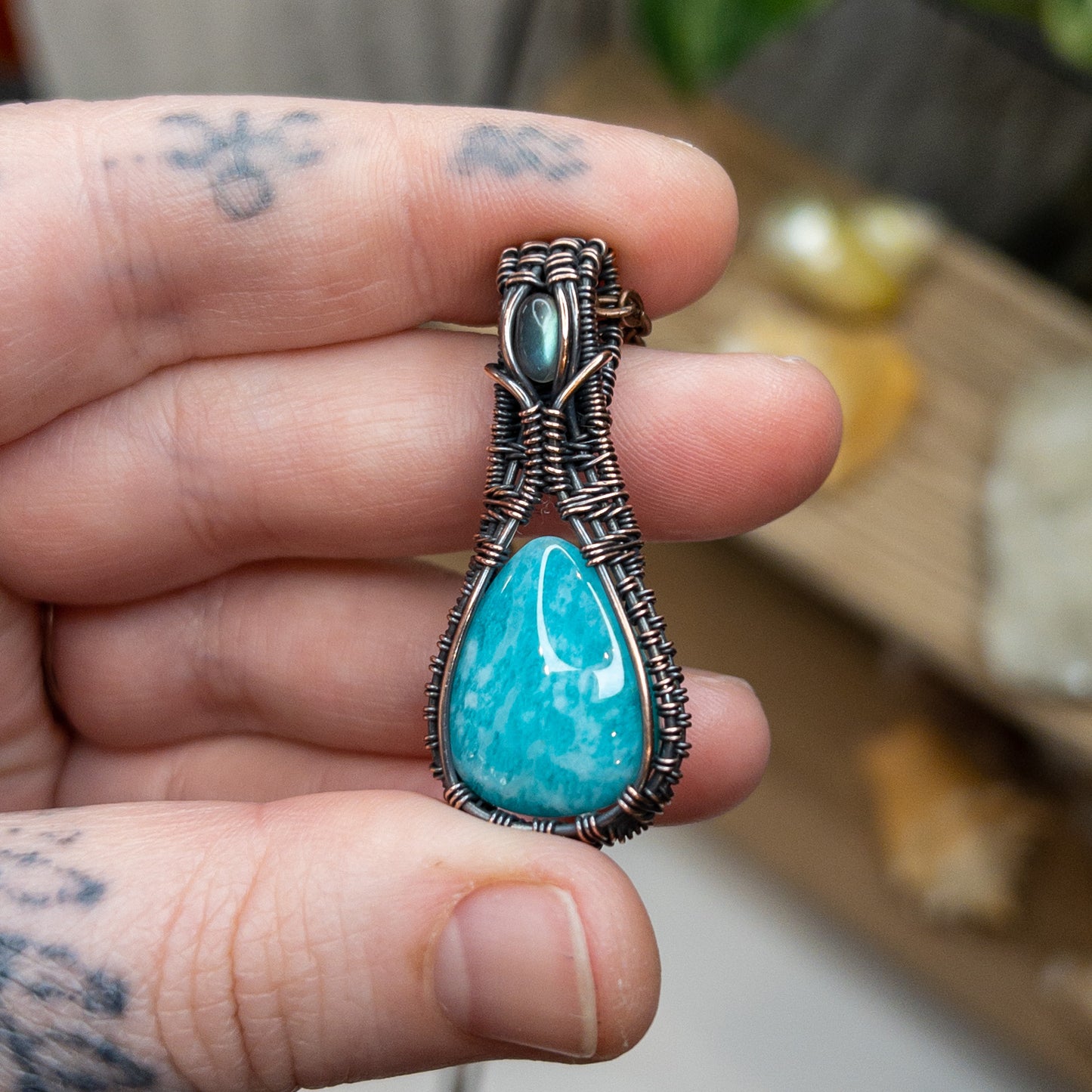 Amazonite & Labradorite Copper Pendant