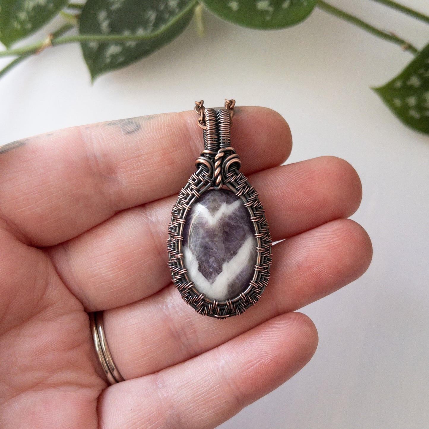 Chevron Amethyst Woven Copper Pendant