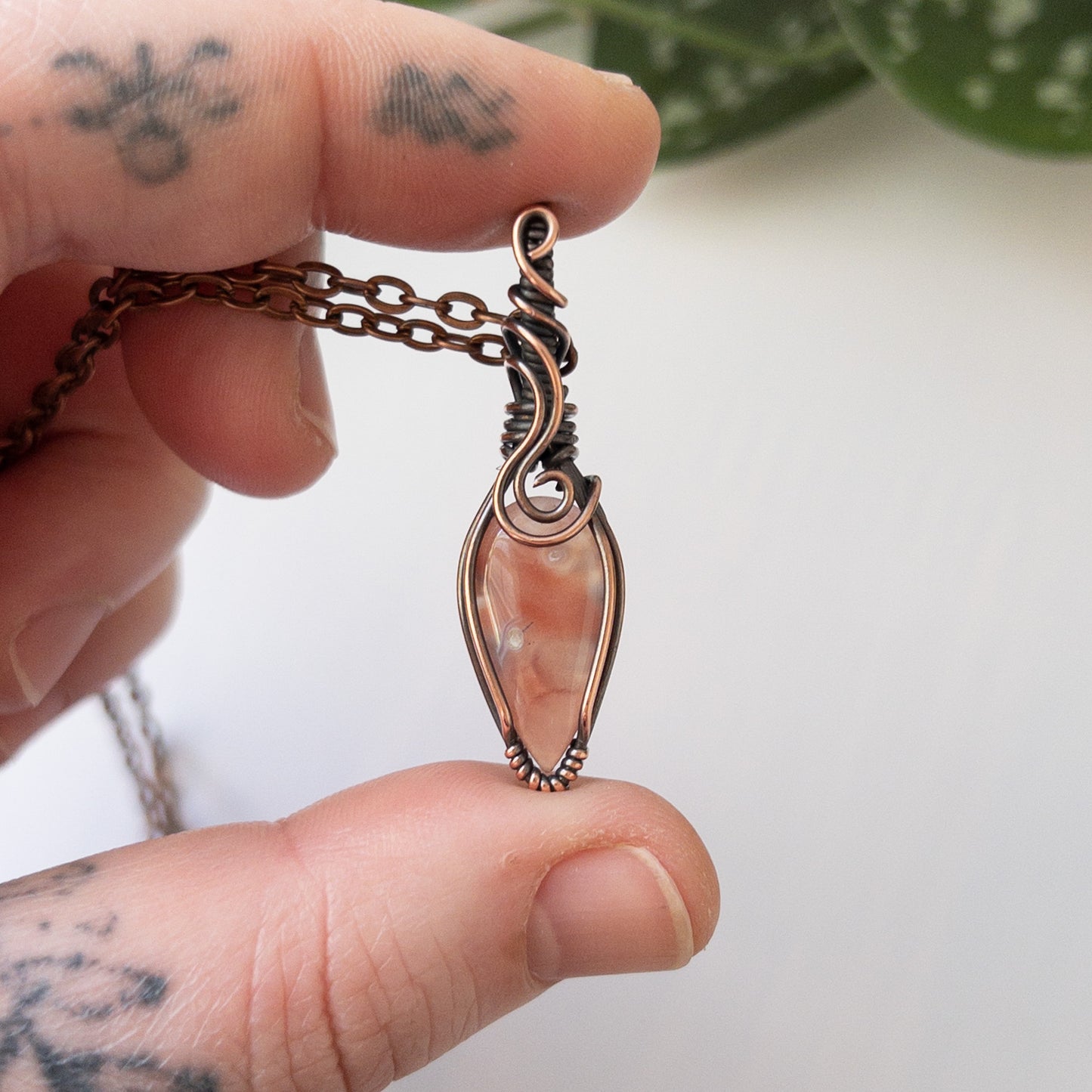 Pink Flower Agate Copper Pendant