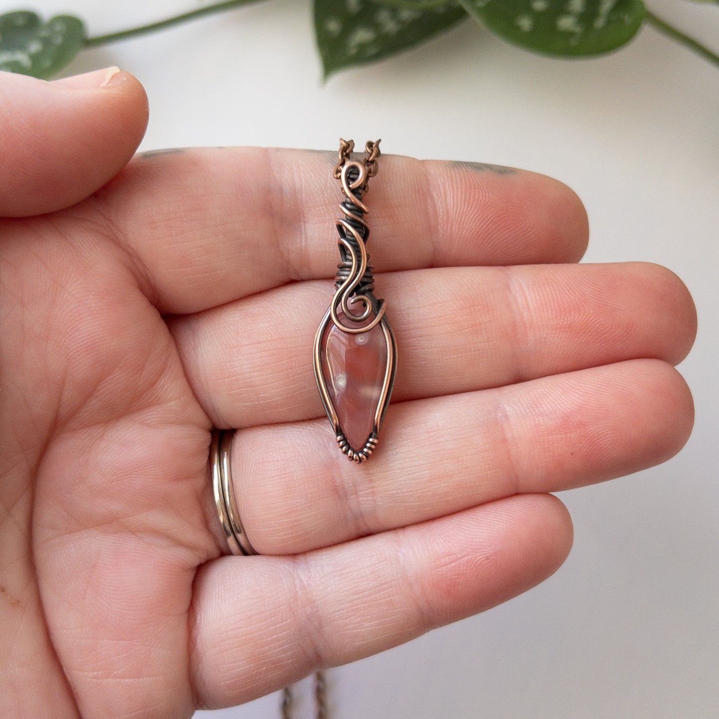 Pink Flower Agate Copper Pendant