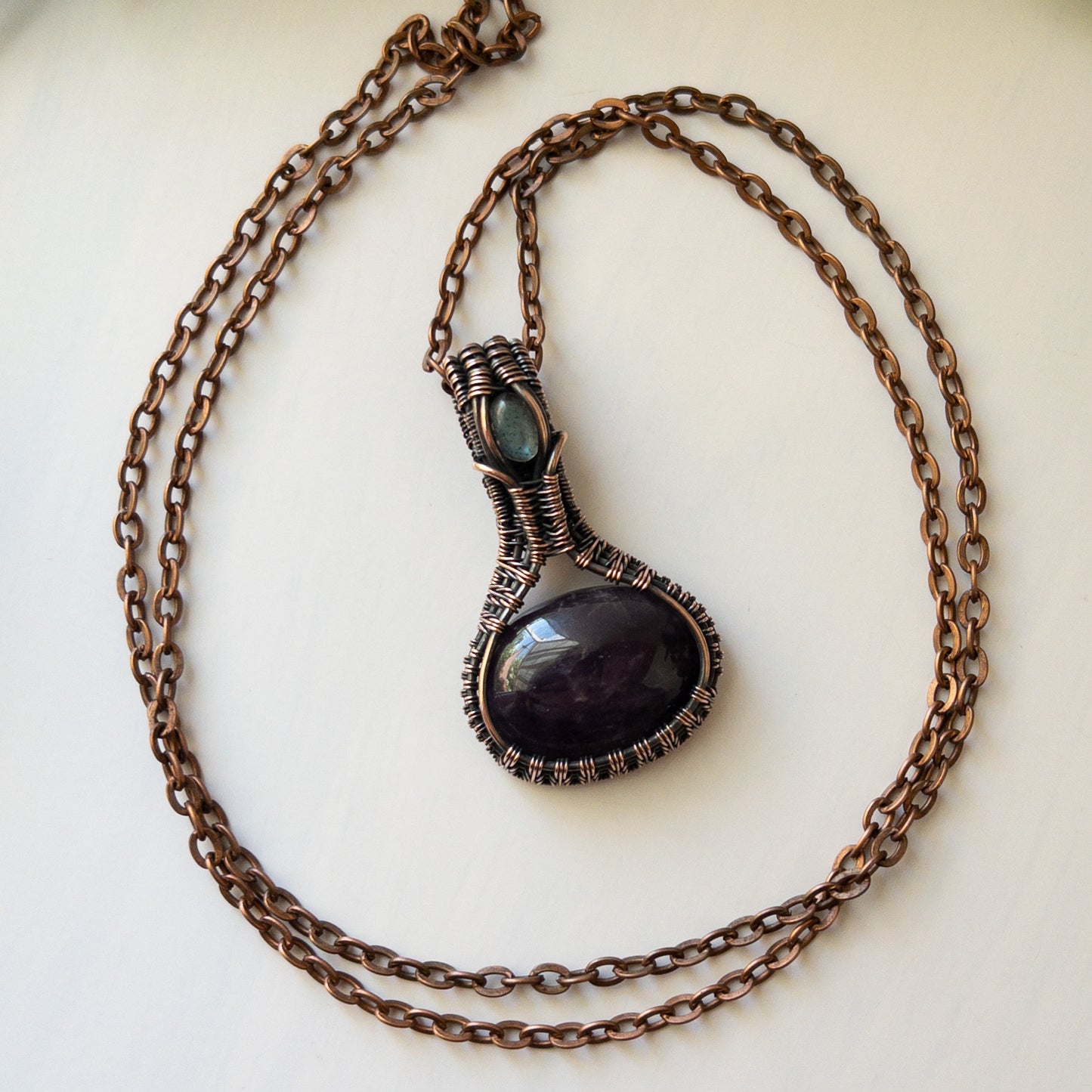 Amethyst & Labradorite Woven Copper Pendant